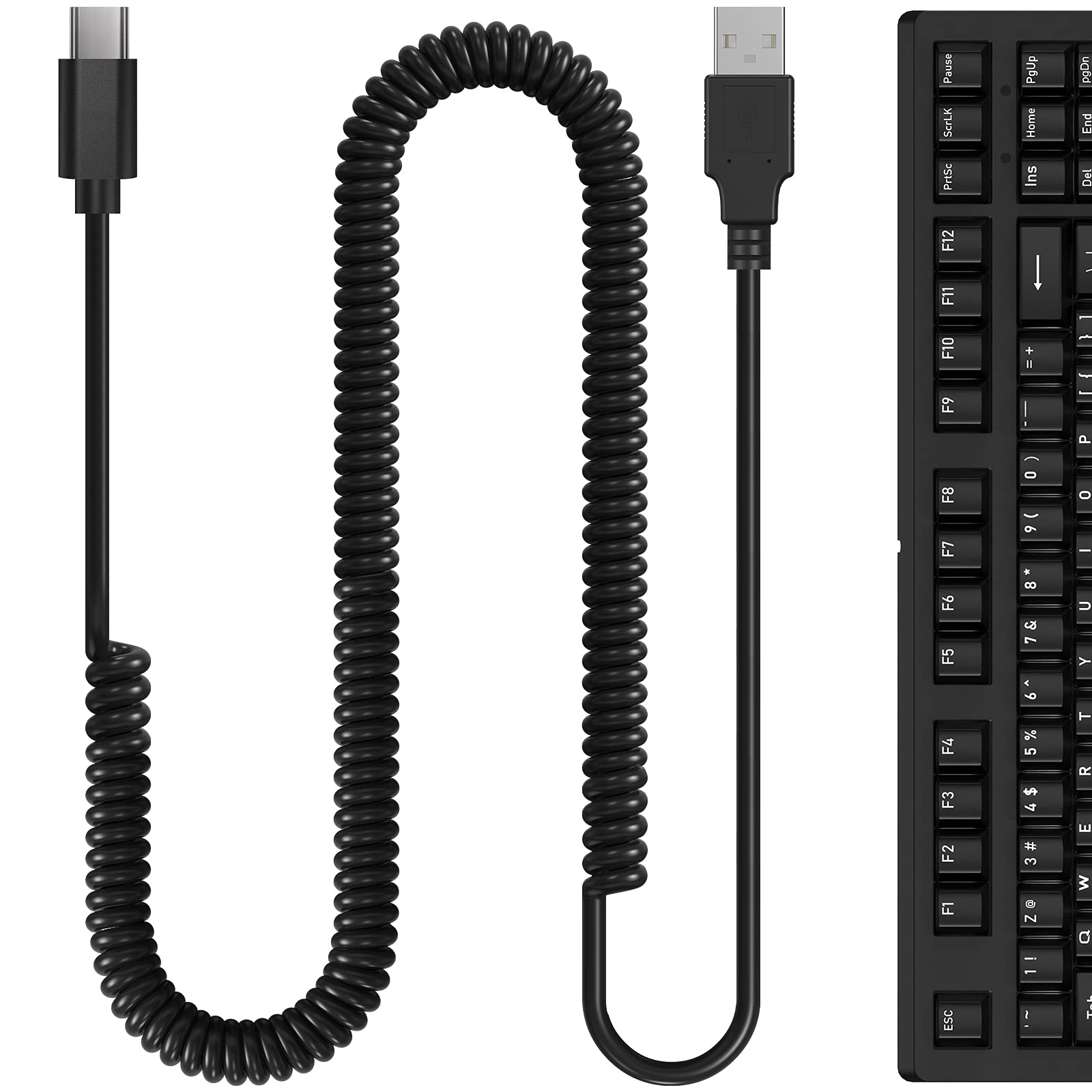 Linkidea Custom Coiled USB-C to USB-A Replacement Cable (9.1ft, Black) - Compatible with Razer Huntsman Mini, Pro 60%, KEMOVE Shadow 60%, Keychron K6/K6 Pro/K7 - Durable Coiling Spring Cable for Gaming Keyboards & Mechanical Keyboards - Perfect for Esports, Office & Home Setup