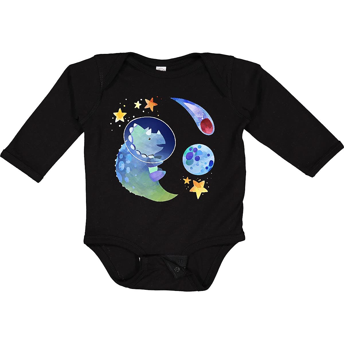 Inktastic Triceratops in Space with Planets and Stars - Cute Dinosaur Long Sleeve Baby Bodysuit for Boys & Girls - Perfect for Space-Themed Birthday Parties and Nursery Outfits