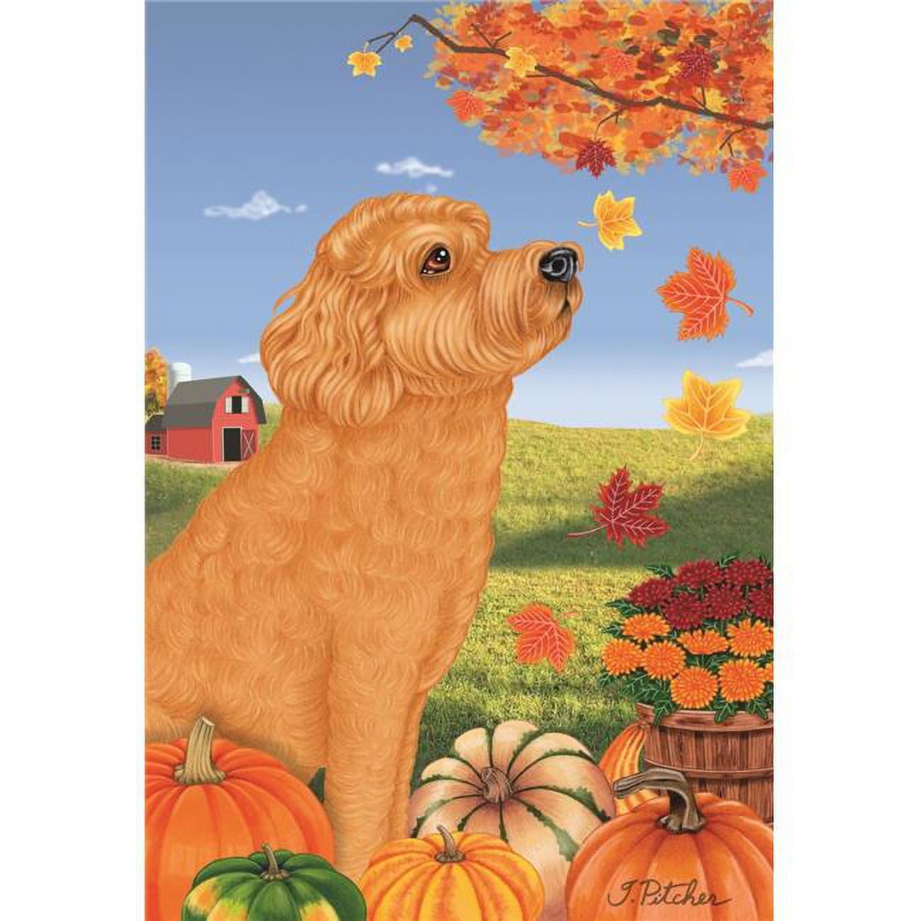 Labradoodle Red Autumn Leaves House Flag - Best of Breed Outdoor Decor for Fall Season | Perfect for Porch, Garden, and Yard Decoration
