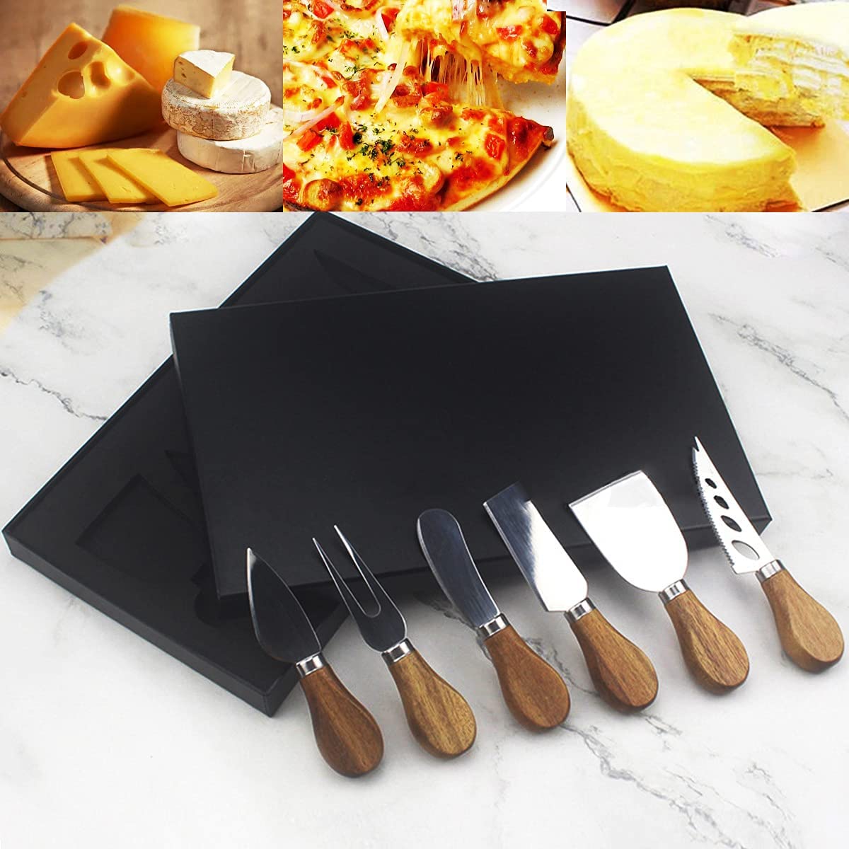 6-Piece Acacia Wood Cheese Knife Set with Stainless Steel Blades - Cheese Slicer, Fork & Spreader for Cheese, Butter, Pizza & Cake - Perfect for Entertaining, Charcuterie Boards & Gift Giving