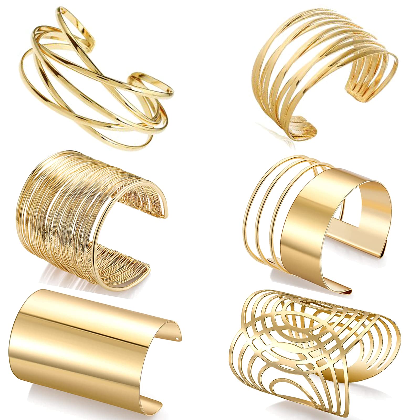 WAINIS 6 PCS Gold Open Cuff Bangle Bracelets for Women - Adjustable Wire Wrap Wrist Cuff Bracelet Set - Perfect for Parties, Weddings & Everyday Fashion Accessories