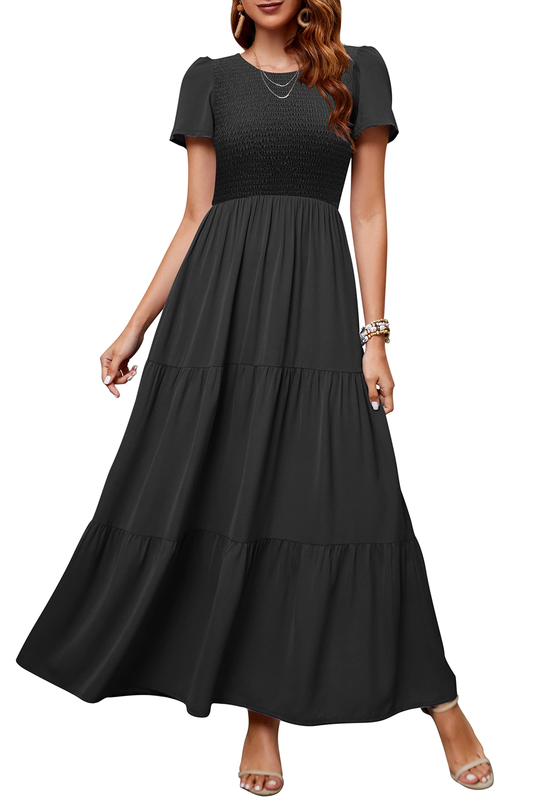 AUSELILY Women's Summer Floral Maxi Dress - Tiered Long Casual Dress with Smocked Top & Short Sleeves for Beach, Vacation, and Outdoor Parties