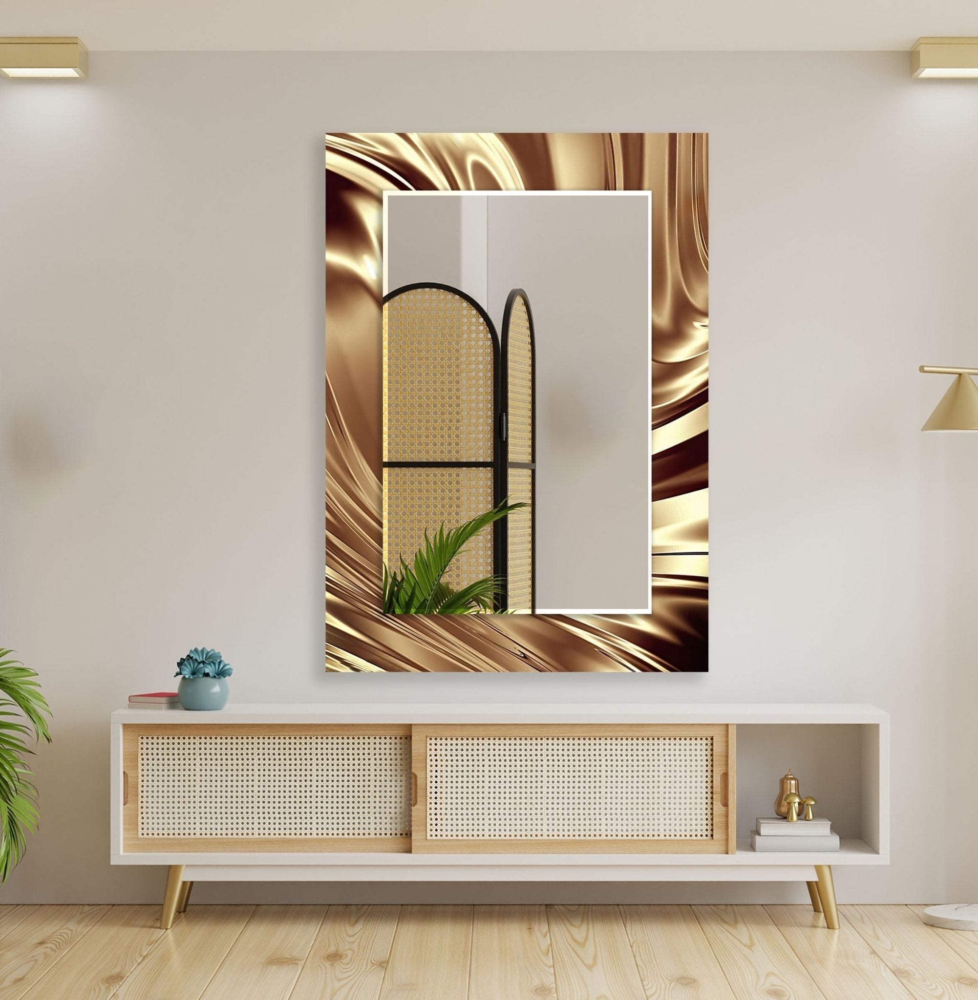 Abstract Shiny Brown Wall Mirror - Modern Decorative Mirror for Living Room, Bedroom & Entryway - Elegant Home Decor & Stylish Vanity Mirror
