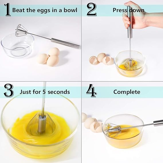 Florisca® Stainless Steel Hand Push Whisk - Semi-Automatic Egg Beater & Milk Frother for Baking, Cooking & Coffee Making - Perfect for Mixing, Whisking & Blending Eggs, Batter & Milk Foam