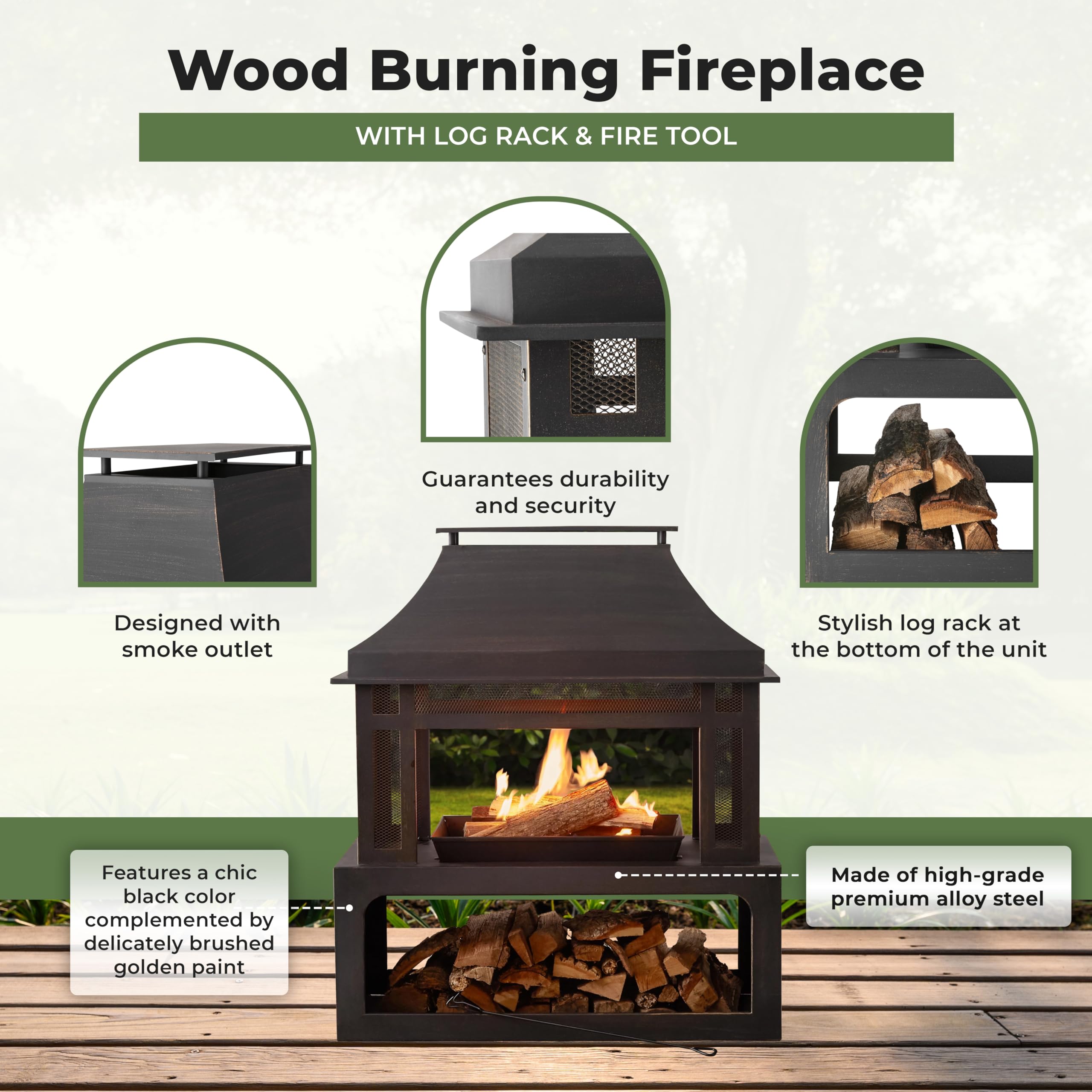 Black SRLF370 Wood Burning Fireplace with Log Rack & Tool Set - Classic Indoor/Outdoor Fireplace for Patio, Backyard, and Living Room Heating