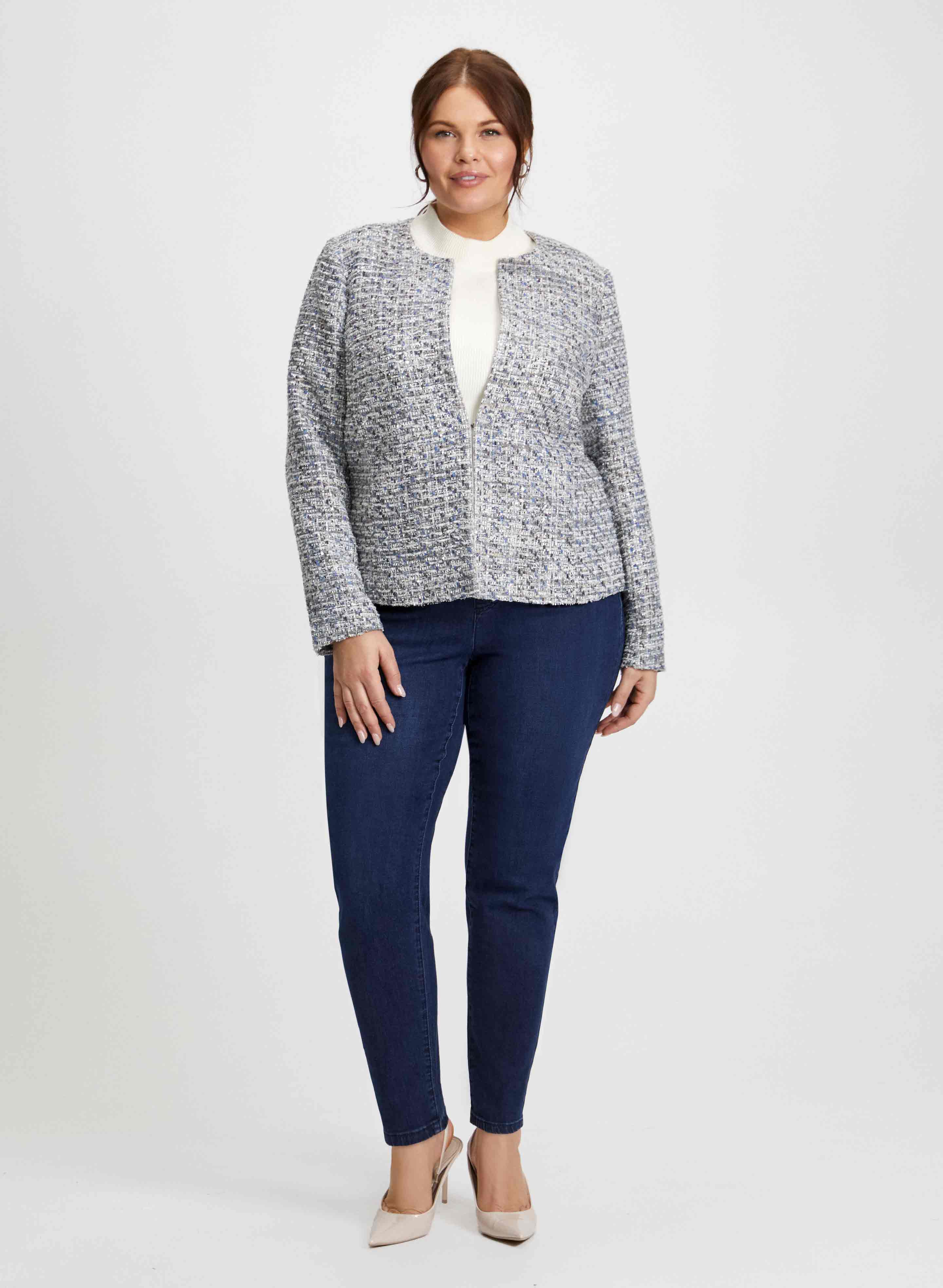 Bouclé Jacket, Distressed Jeans & Twisted Hoop Earrings Set - Women's Fashion Outfit for Casual Wear, Date Night & Street Style