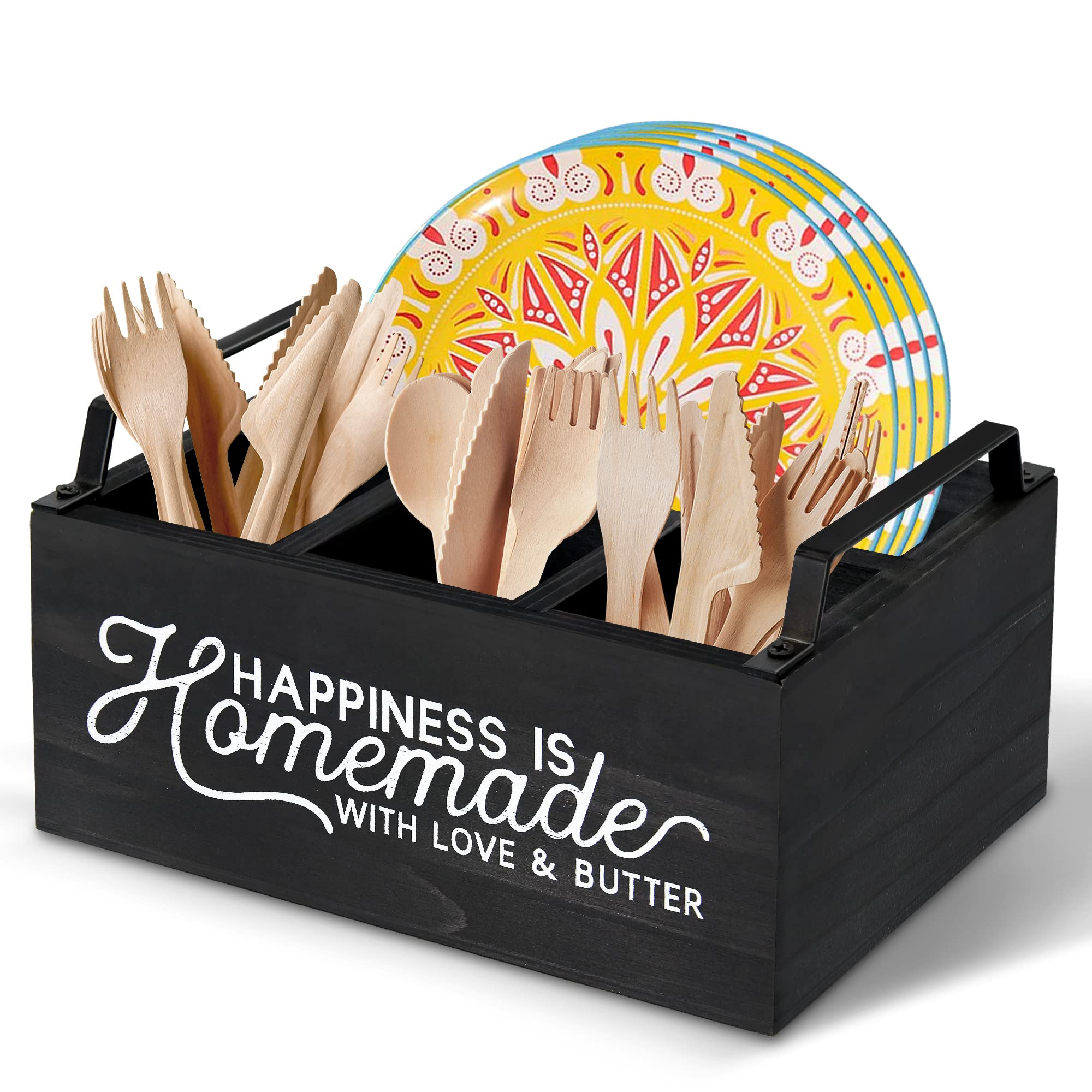 Wooden Utensil Holder for Kitchen Counter - Paper Plate & Utensil Caddy Organizer for Countertop, Party, BBQ, and Outdoor Dining