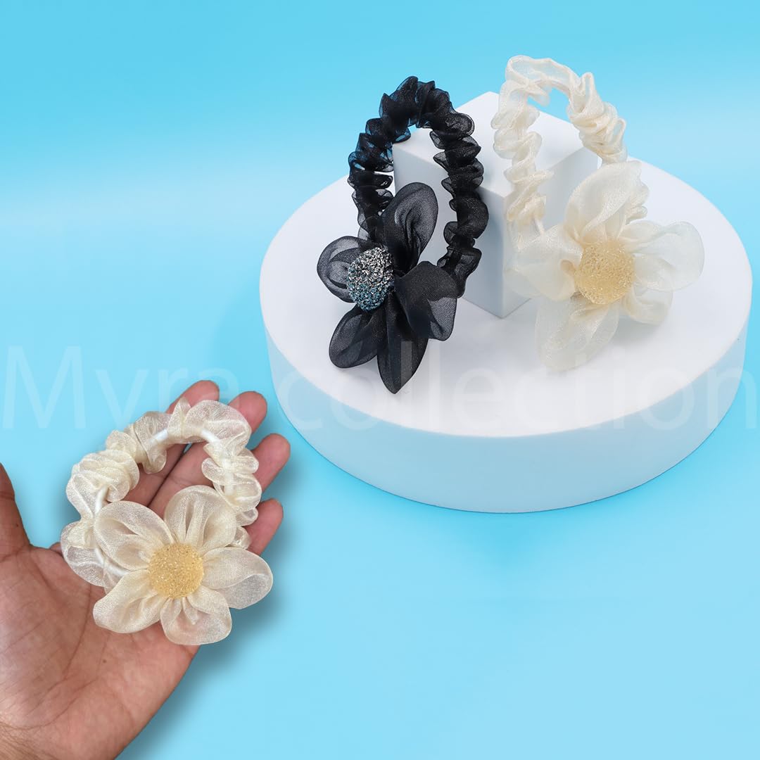 Myra Collection 2-Pack Rhinestone Flower Hair Ties - Soft Fabric Hair Bands for Women & Girls - Shiny Hair Accessories for Parties, Weddings & Everyday Wear