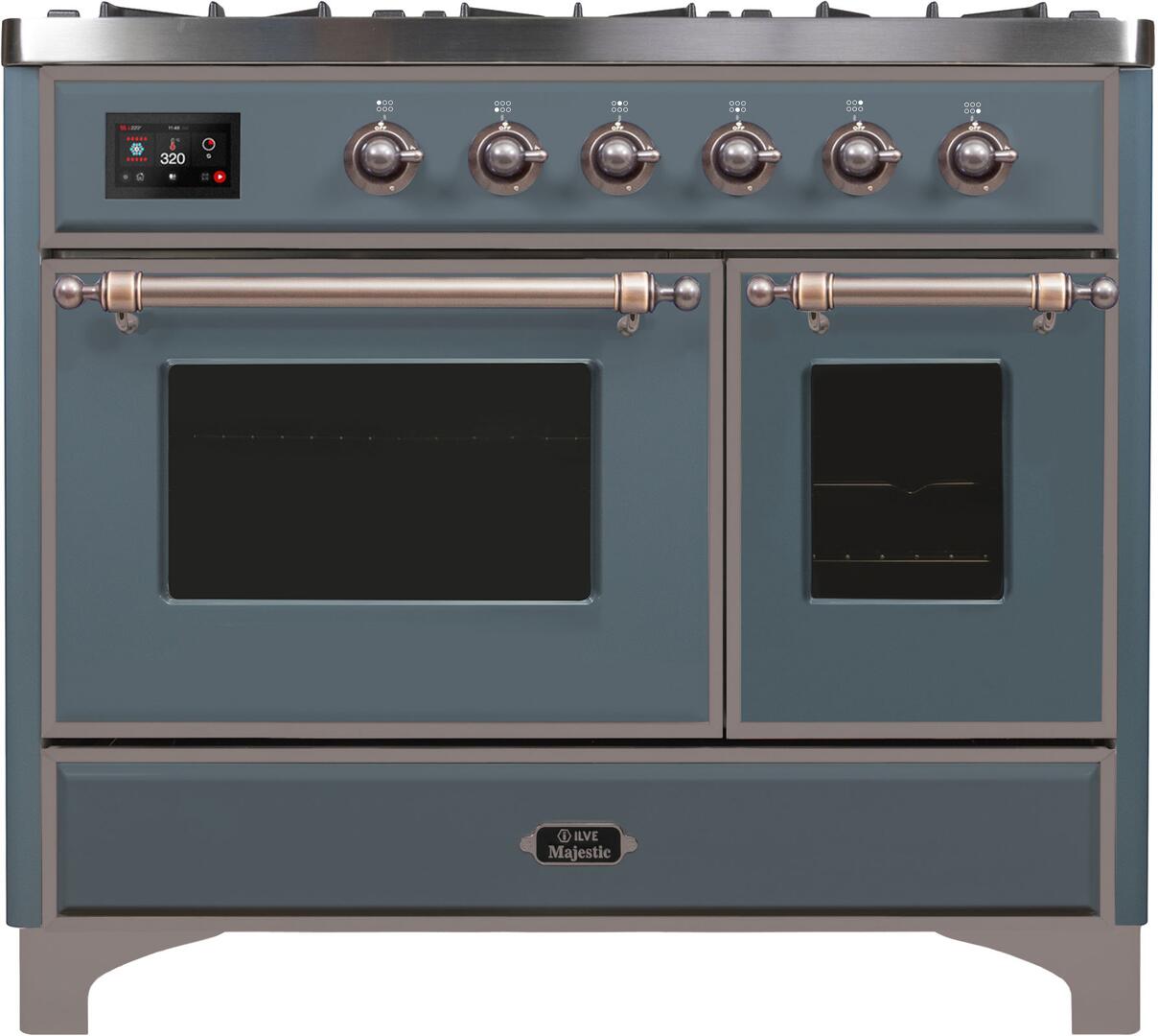 ILVE 40 Majestic II Series Dual Fuel Double Windowed Oven Range - Blue Grey with Bronze Trim (UMD10FDNS3BGB) | Professional Gas & Electric Stove for Home Kitchen | Perfect for Baking, Roasting & Entertaining
