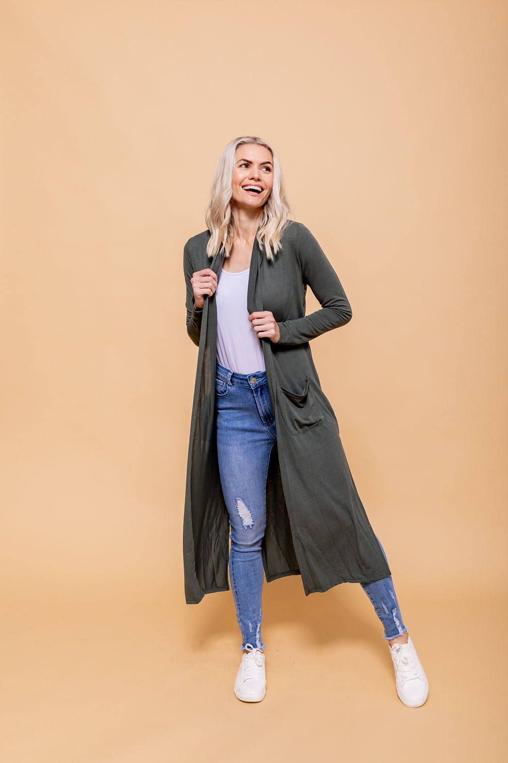 Jane Cardigan Women's Lightweight Knit Sweater in Khaki - Perfect for Fall Layering, Office Wear & Casual Outfits