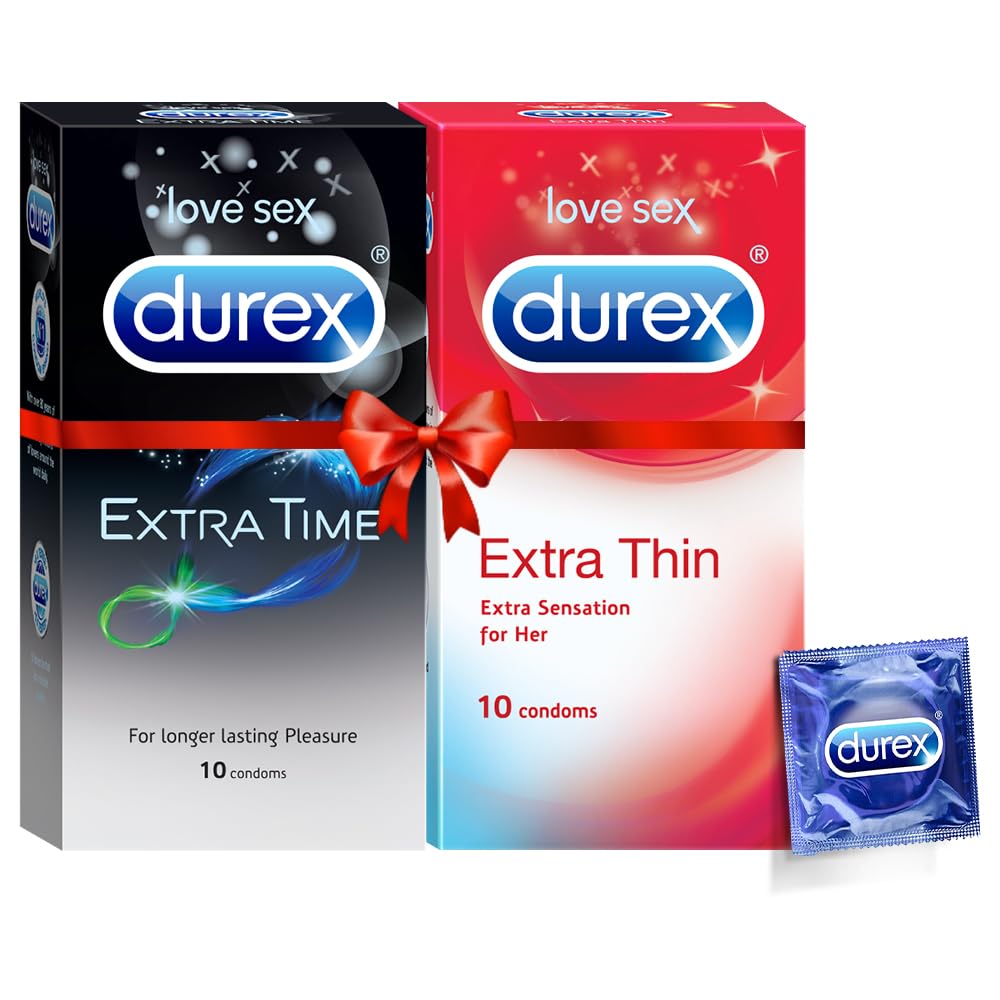 Durex Pleasure Packs - 20 Condoms (10 Extra Thin & 10 Extra Time) for Enhanced Intimacy & Extended Pleasure - Perfect for Couples & Sensual Moments
