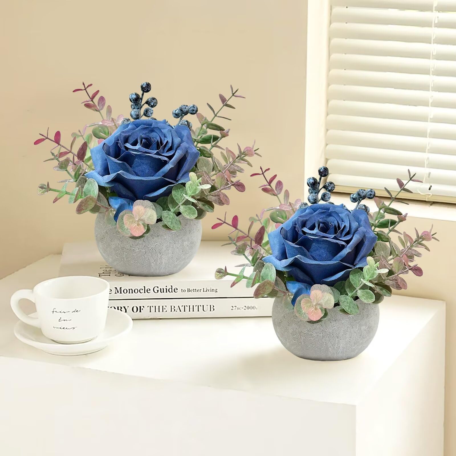 Blue Rose Artificial Flowers in Pots - Small Fake Potted Plants for Home Office Decor, Bathroom, Living Room, Wedding & Party Table Centerpieces | Perfect for Indoor Décor, Gift Giving & Event Styling