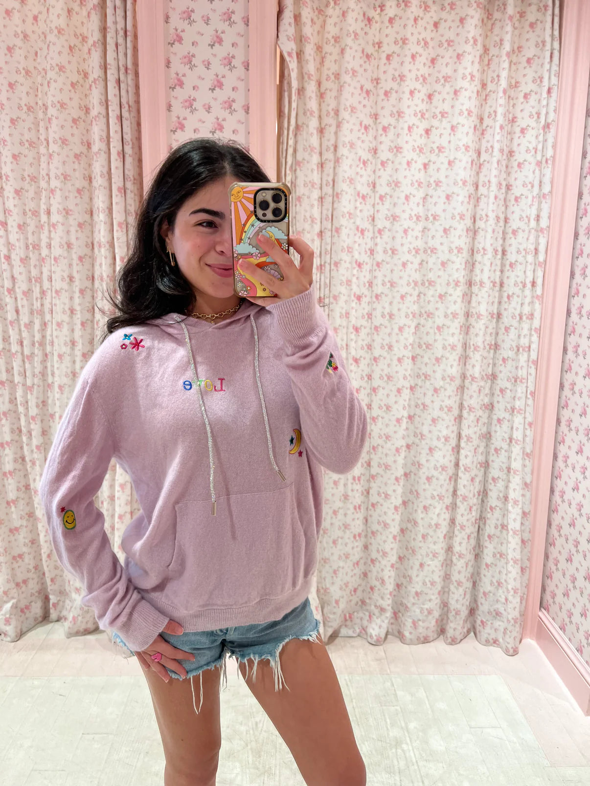 Romi Basha Women's Happy Cashmere Hoodie with Rhinestone Bling - Soft Pink Cozy Pullover Sweatshirt for Casual Wear, Lounge & Winter Fashion
