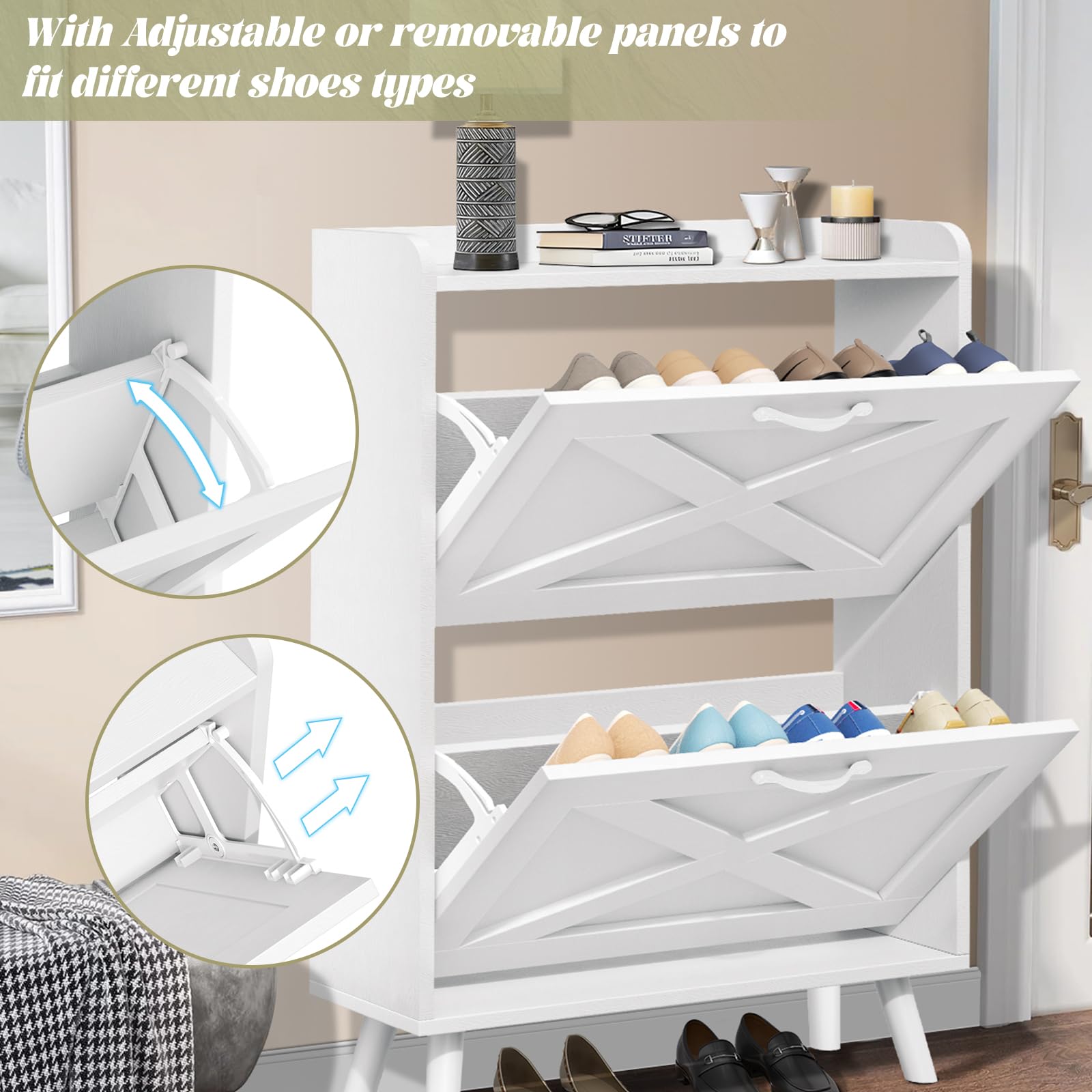 SOLAURA White Shoe Storage Cabinet with 2 Flip Drawers - Freestanding Entryway Shoe Rack Organizer with Wooden Legs (Medium Size) | Perfect for Closet, Bedroom, and Hallway Organization