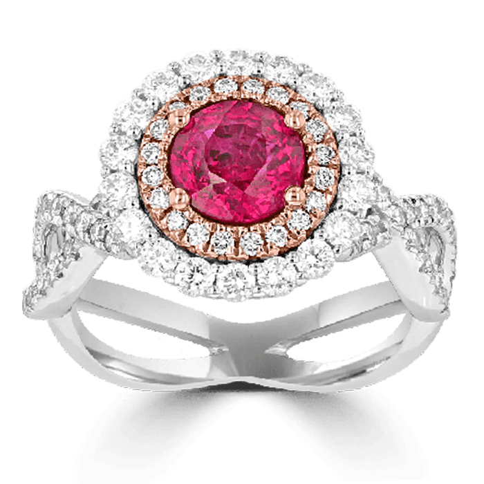 18KT 1.25 CT Ruby & 0.91 CTW Diamond Double Halo Ring for Women - Elegant Engagement & Wedding Jewelry Gift for Her