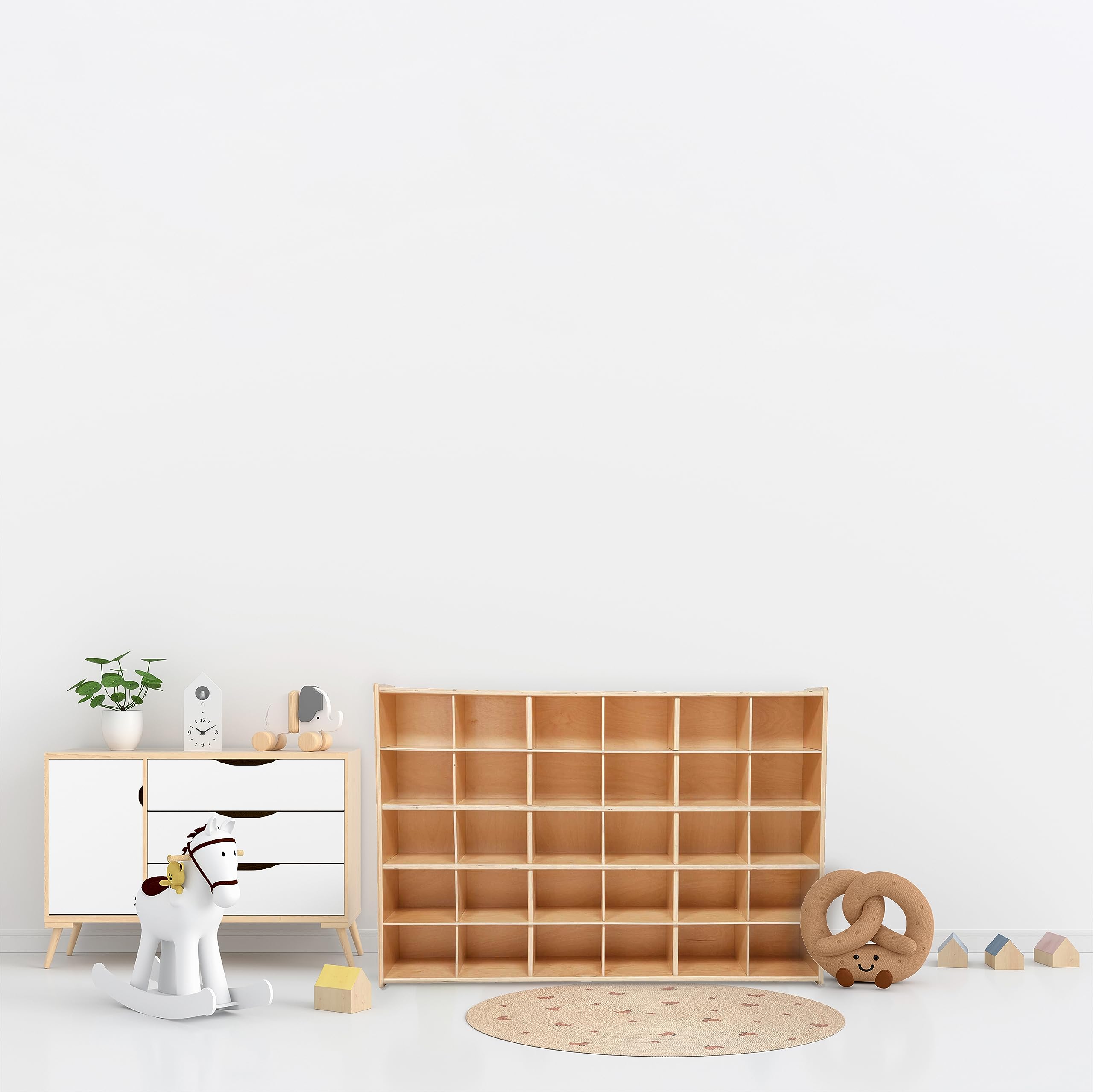 Wooden 30-Cubby Storage Cabinet with Casters - Organize Toys, Supplies for Home & School