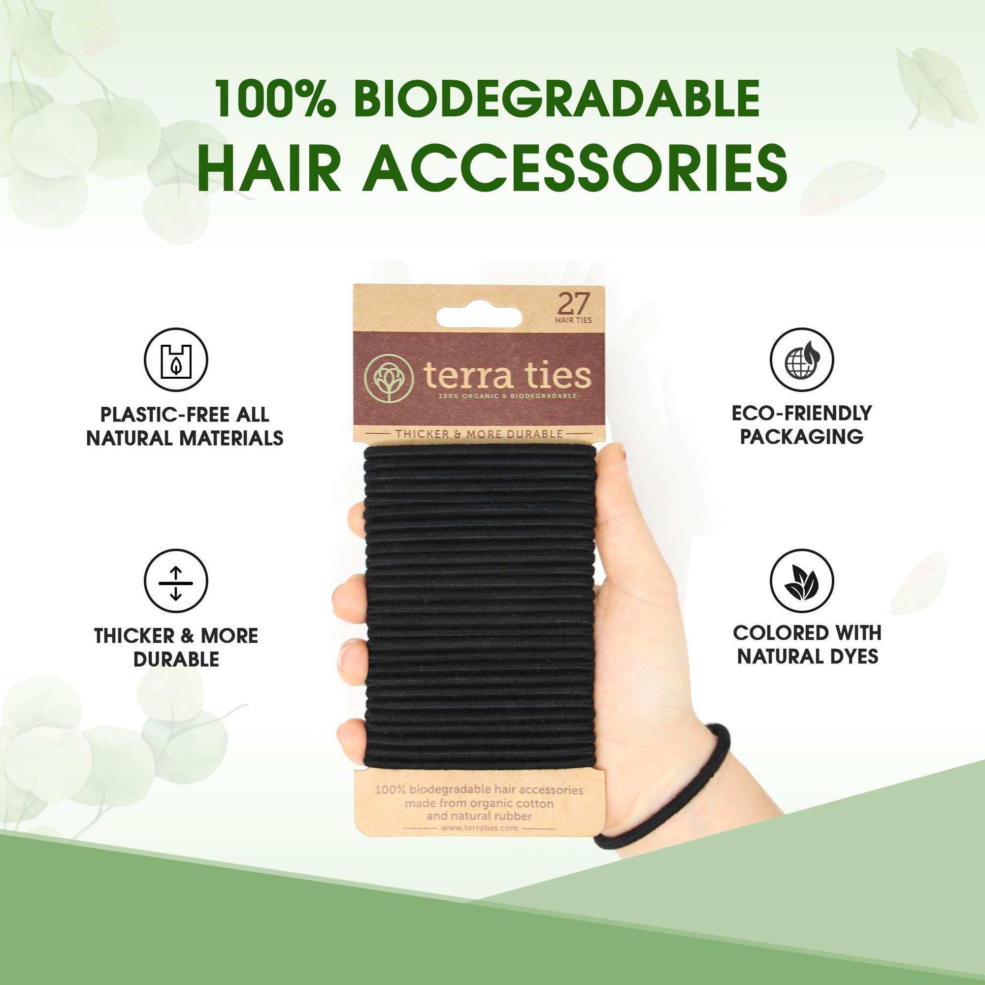Eco-Friendly Biodegradable Hair Ties for Women & Men - Organic No-Crease Black Ponytail Holders & Bun Hair Ties - Plastic-Free Hair Bands (5mm, 27-Pack) | Perfect for Gym, Office, Travel & Everyday Use