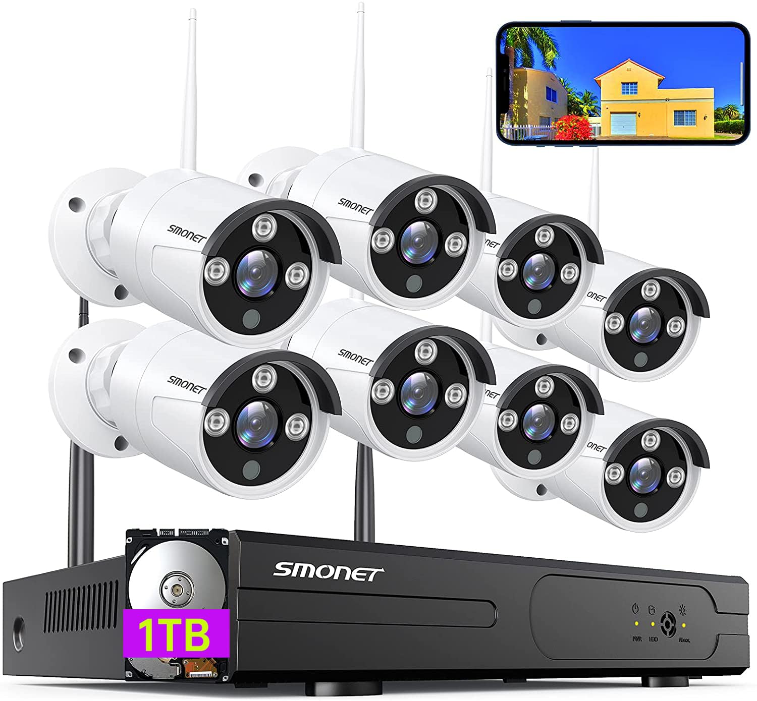 SMONET 8 Channel 1080P Wireless Security Camera System with 8pcs 2MP HD Cameras, 1TB HDD, Night Vision & Motion Detection - Indoor/Outdoor Home Surveillance DVR Kit for 24/7 Recording | Ideal for Home Security, Baby Monitoring & Business Protection