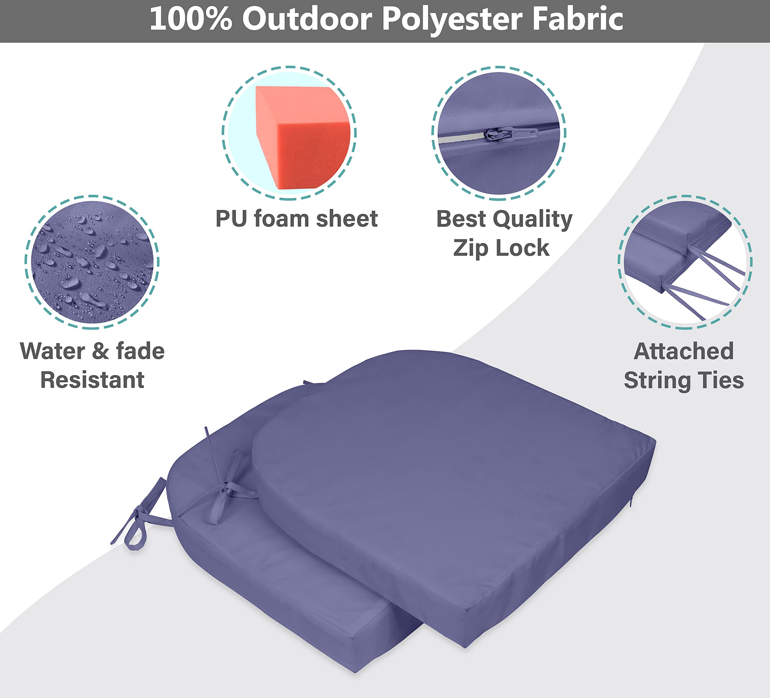 Premium Indoor/Outdoor Chair Cushions Set of 2 - 16x18 Inch Rounded Back Patio Seat Cushions with Ties for Garden, Deck & Poolside Furniture - Water-Resistant & Comfortable Purple Cushions for Lounge Chairs, Dining Chairs & Outdoor Seating