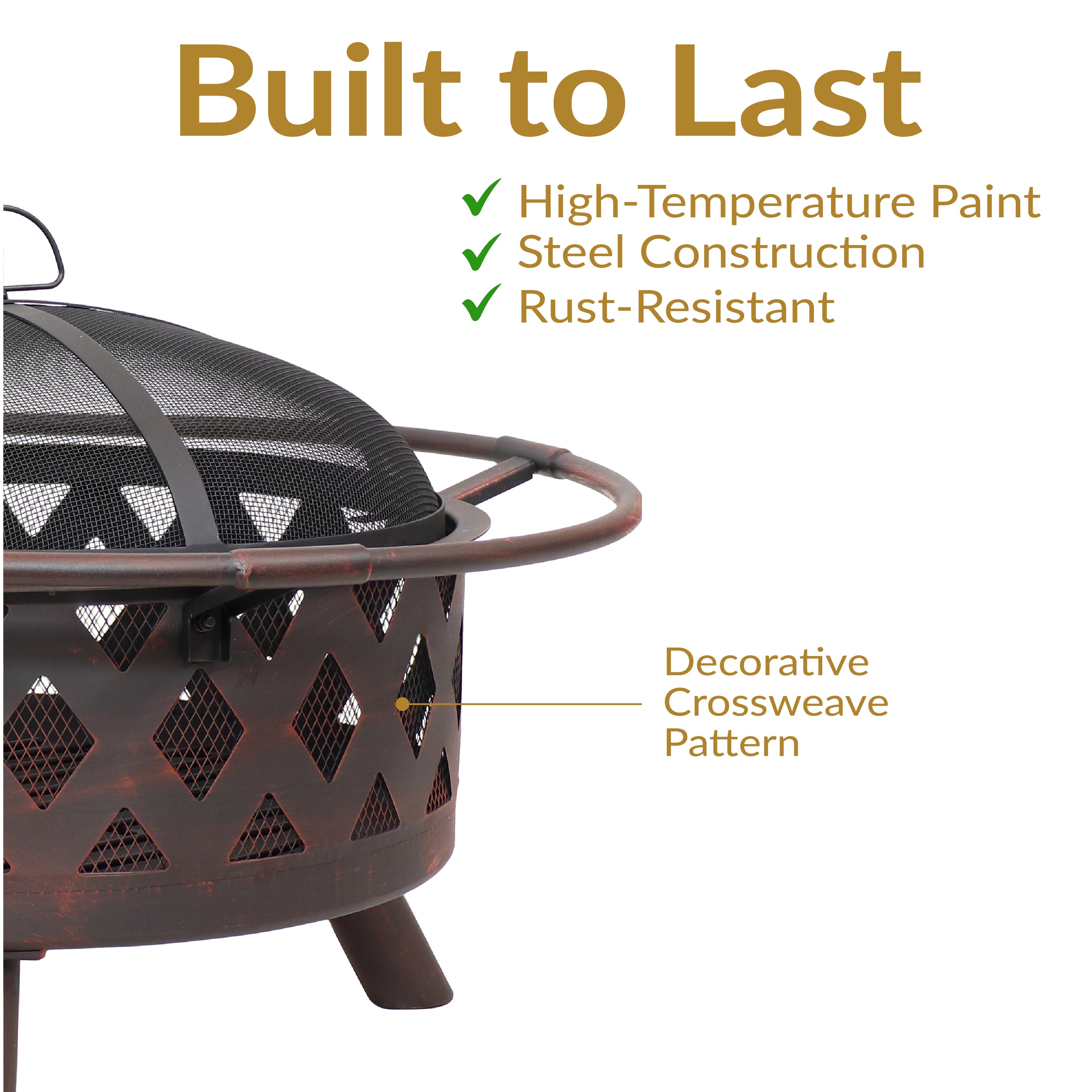 Sunnydaze Bronze Crossweave Outdoor Fire Pit with Spark Screen & Poker - Heavy Duty Steel Wood Burning Firepit for Backyard, Patio, Camping & Bonfires