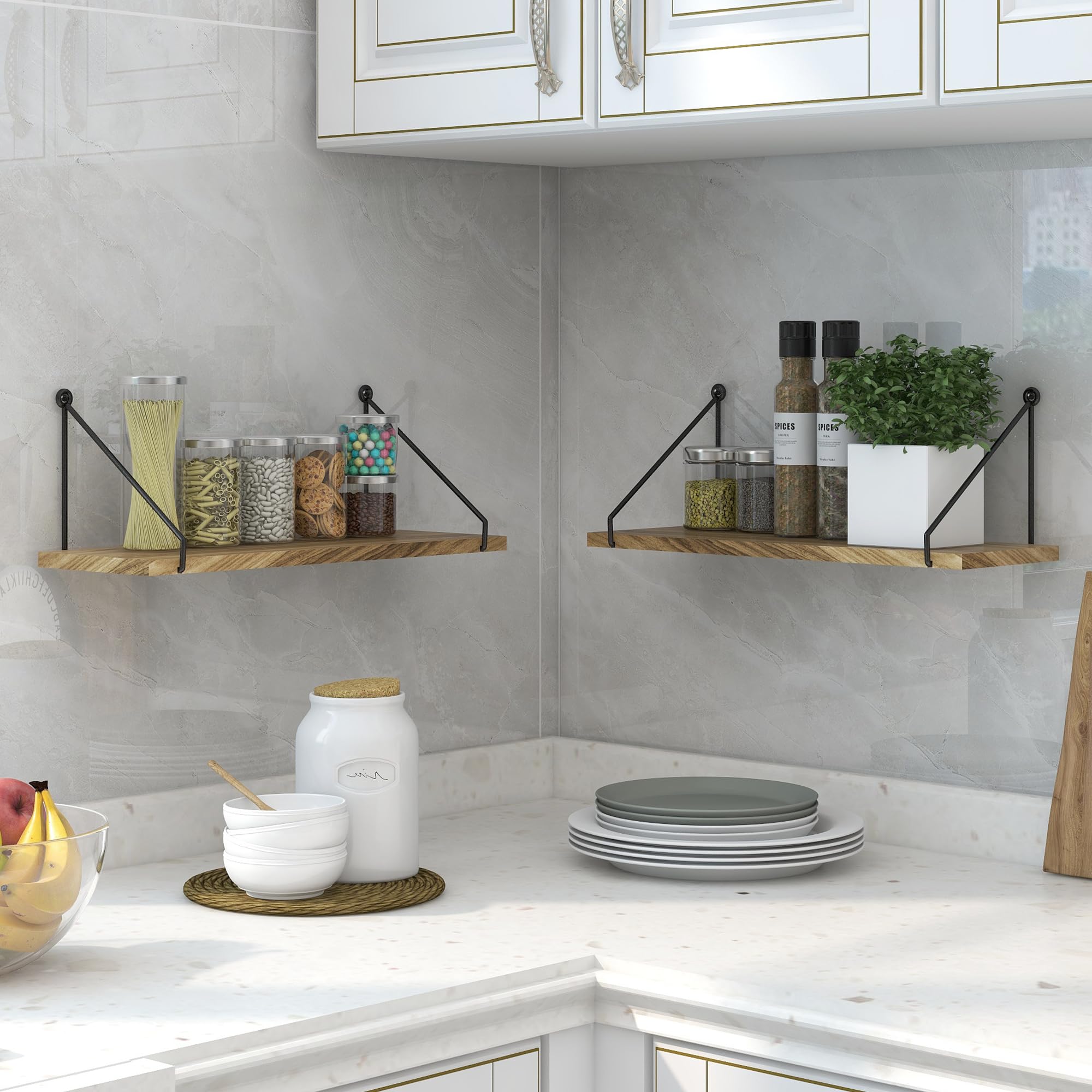SUMGAR Set of 2 Rustic Floating Wood Shelves - Wall Mounted Storage Shelf for Kitchen, Bathroom, Bedroom, Living Room & Home Office - Decorative Display Organizer for Books, Plants & Home Decor - Easy to Install Hanging Shelves