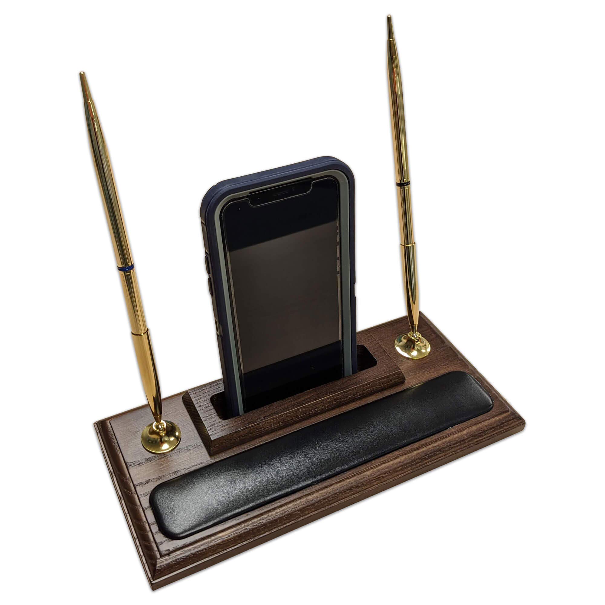 Premium Walnut & Leather Pen Holder with Phone Stand - Stylish Desk Organizer for Office, Home, or Gift