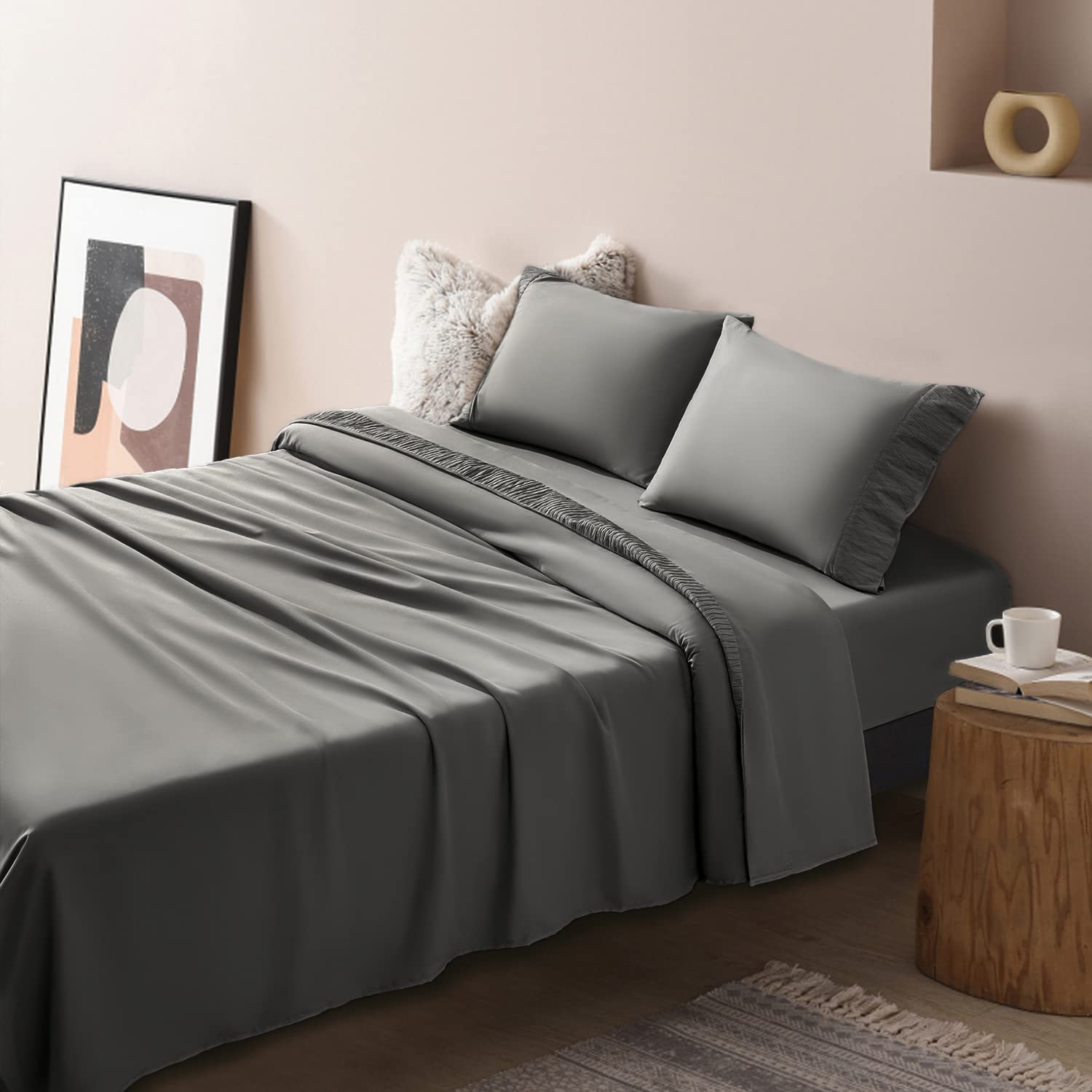 SONORO KATE 1800 Thread Count Cooling Microfiber Bed Sheet Set - 4 Piece California King Size Soft Bedding with Pillowcases (Dark Grey) for Luxury Hotel-Style Comfort at Home