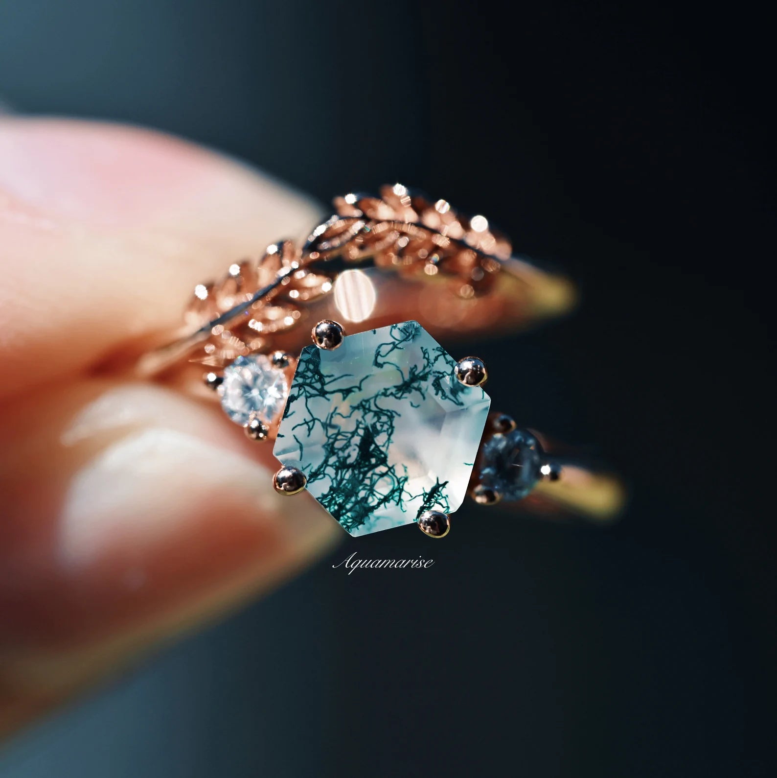 Natural Hexagon Moss Agate Engagement Ring Set - 14K Rose Gold Vermeil Wedding Band for Women, Perfect for Proposals, Anniversaries & Bridal Jewelry Gifts