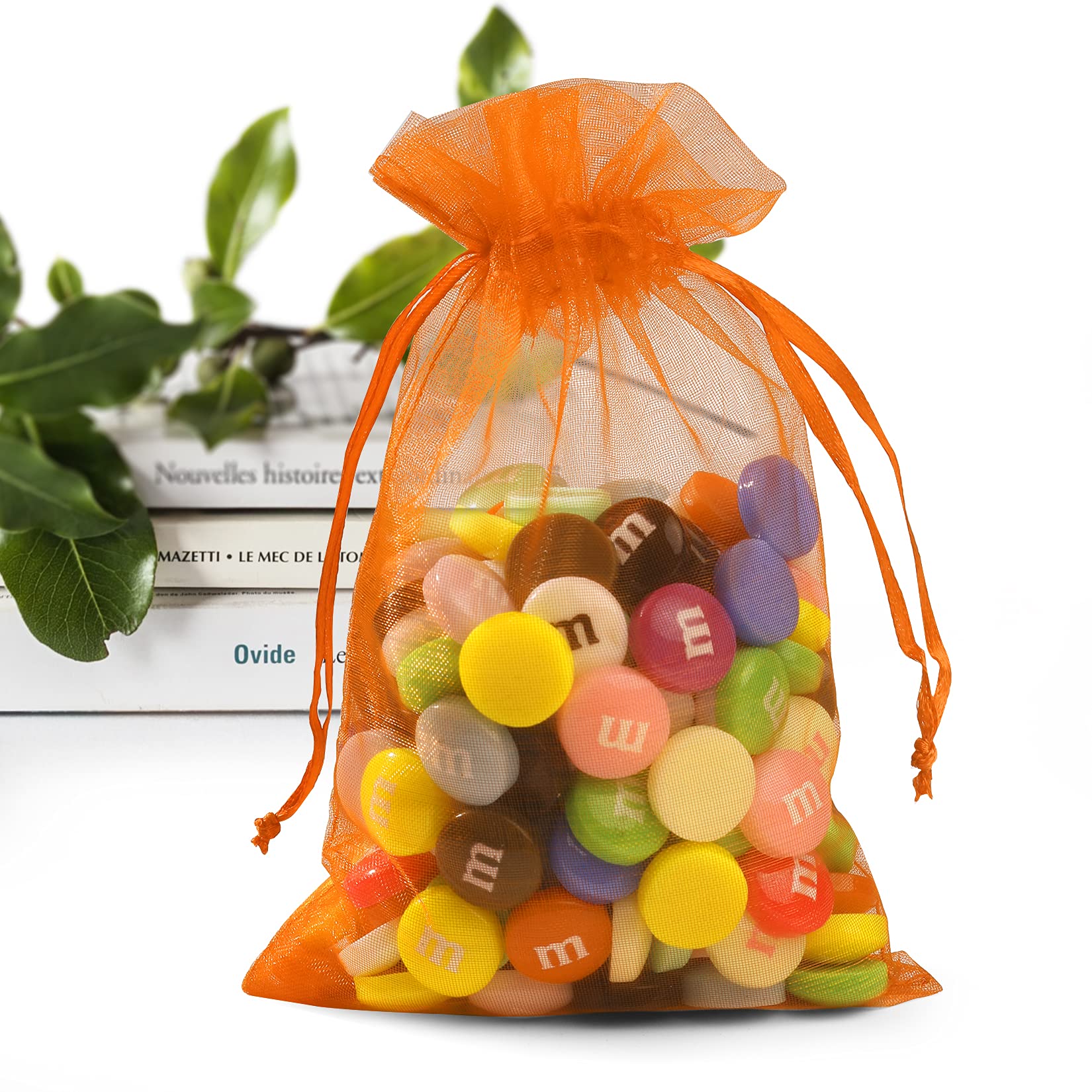 ANZNKU 50 Pack 4x6 Inch Premium Sheer Organza Drawstring Gift Bags - Perfect for Candy, Jewelry, Party Favors, Weddings, Halloween & Christmas (Orange) | Elegant Packaging for Special Occasions