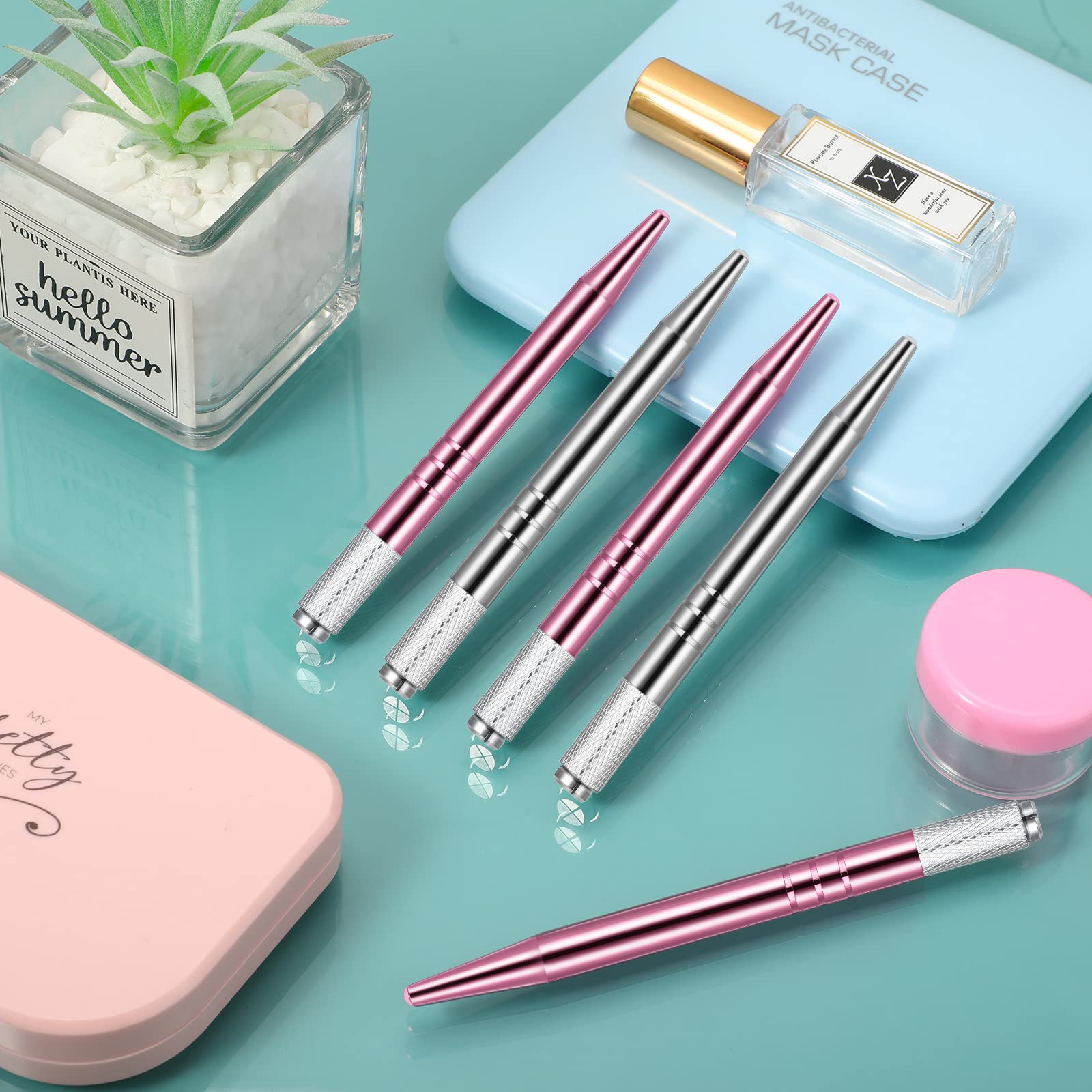 10-Piece Microblading Pen Set - Manual Eyebrow Microblade Tools with Aluminum Handles (Silver & Pink) - Professional Salon-Grade Makeup Supplies for Eyebrow Shaping & Permanent Makeup Application