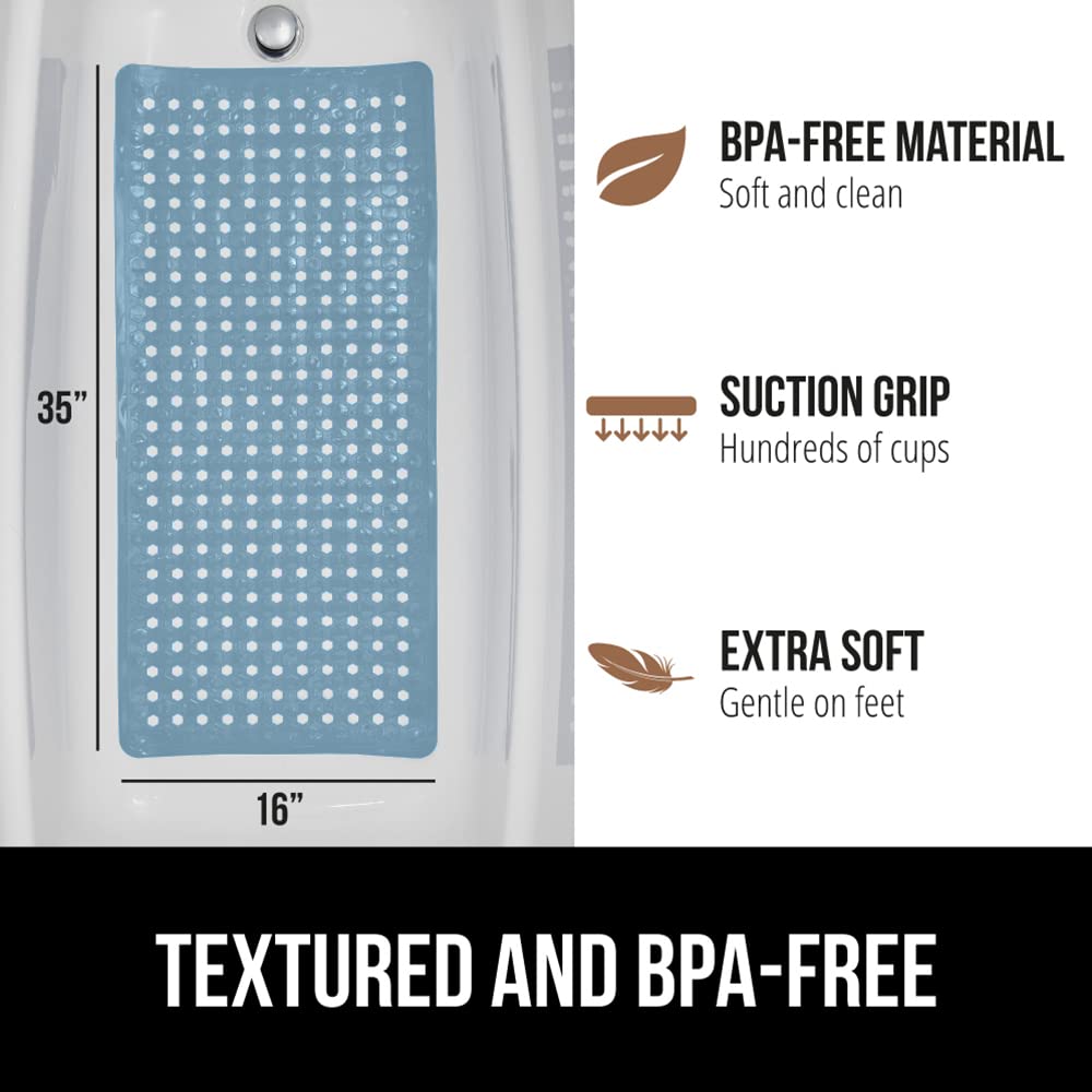 GORILLA GRIP Non-Slip Bathtub Shower Mat with Suction Cups | Machine Washable Bath Mat with Drain Holes | 35x16 Inch Sky Blue Opaque Tub Liner for Bathroom Safety | Perfect for Kids, Elderly & Wet Floors