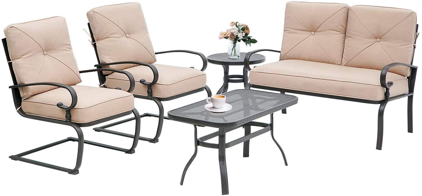 **Patiomore 5-Piece Outdoor Patio Furniture Set - Wrought Iron Bistro Chairs with Loveseat, 2 Spring Chairs & 2 Tables (Brown Cushion) - Perfect for Garden, Backyard, and Poolside Relaxation**