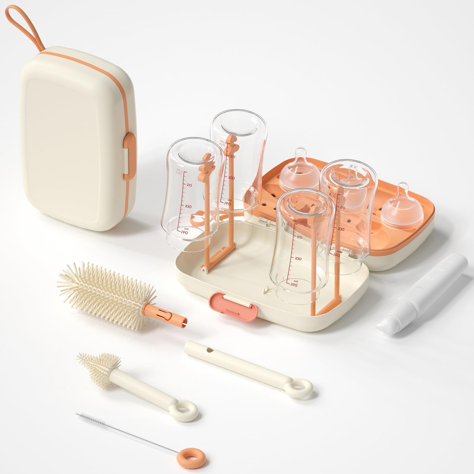 7-in-1 Baby Bottle Cleaning Kit with Bottle Brush, Nipple Brush, Straw Cleaner, Soap Dispenser, Drying Rack, Drain Tray & Storage Box - Travel Essentials for Baby Care & Hygiene - Perfect for Home, Nursery, Travel & On-the-Go Parents