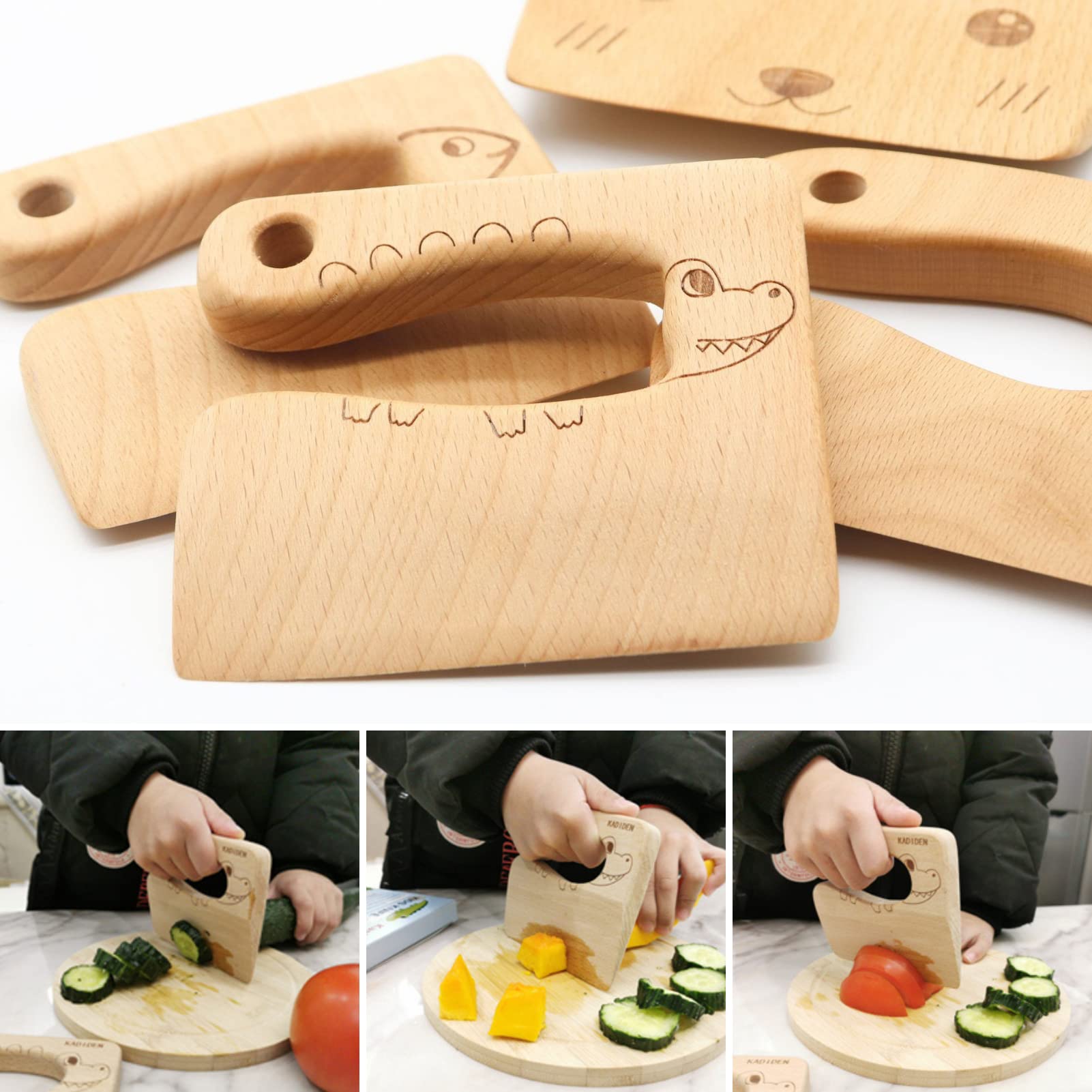 6-Piece Kids Wooden Knife Set for Real Cooking - Montessori Safe Kitchen Tools with Plastic Serrated Edges, Toddler Crinkle Cutter & Potato Slicer - Perfect for Children's Cooking Classes & Family Meal Prep (Pink)