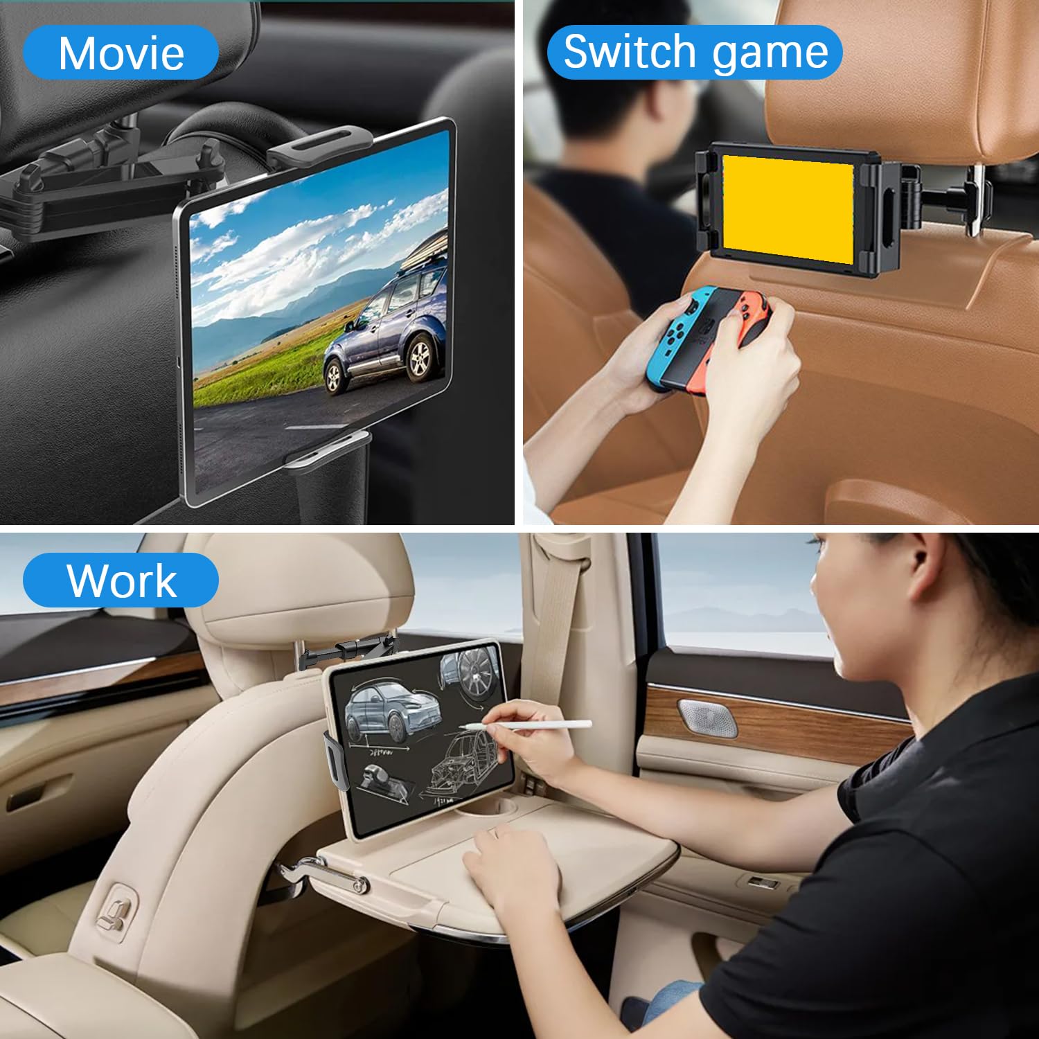 3-in-1 Adjustable Car Tablet Holder with Extension Arm - Universal 4-12