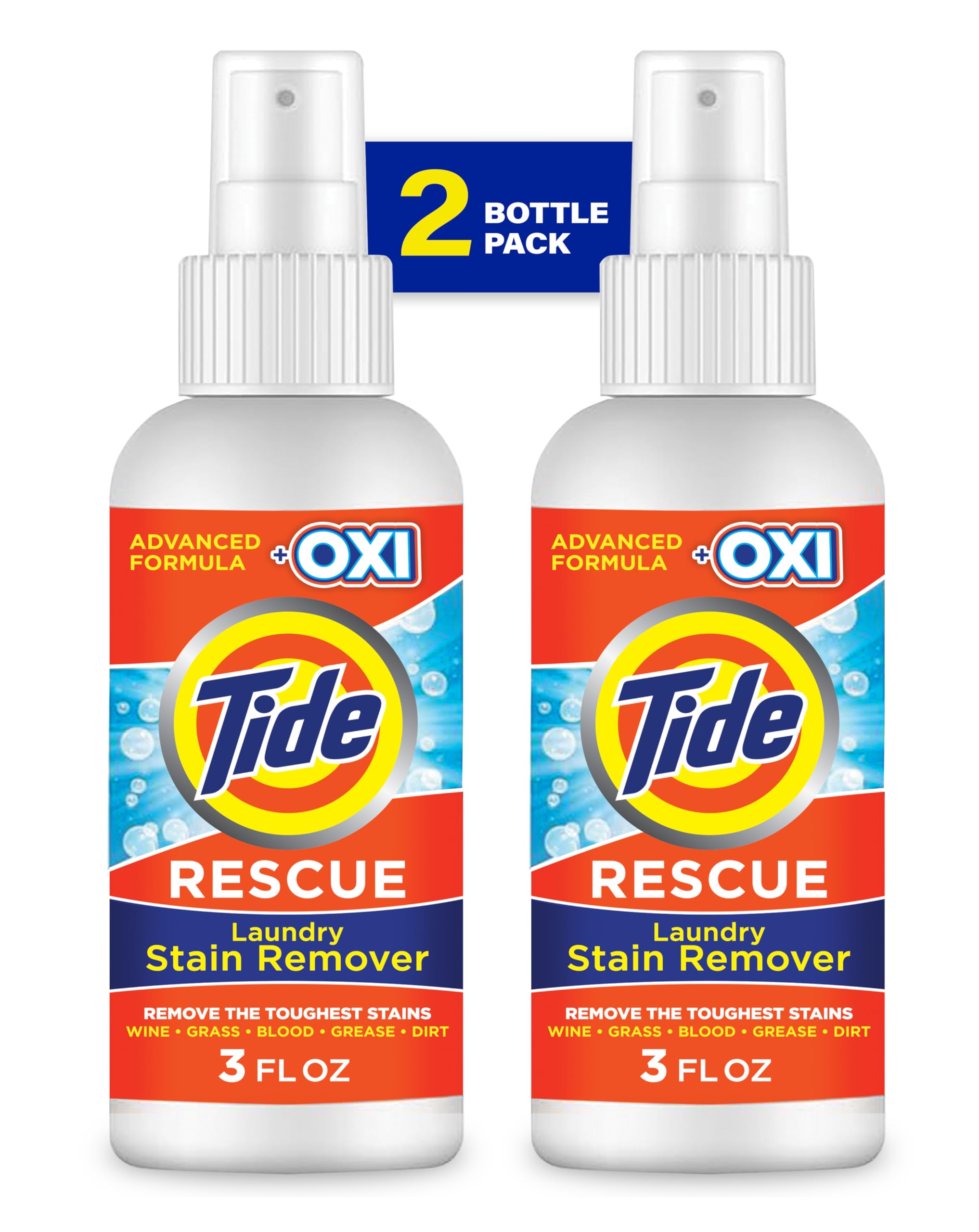 Tide Oxi Laundry Stain Remover Spray - Travel Size (3 Oz, Pack of 2) | Powerful Stain Treatment for Clothes, Carpets, Upholstery & Pet Beds | Removes Tough Stains Like Wine, Coffee & Grease | Perfect for Travel, Home & Emergency Stain Removal