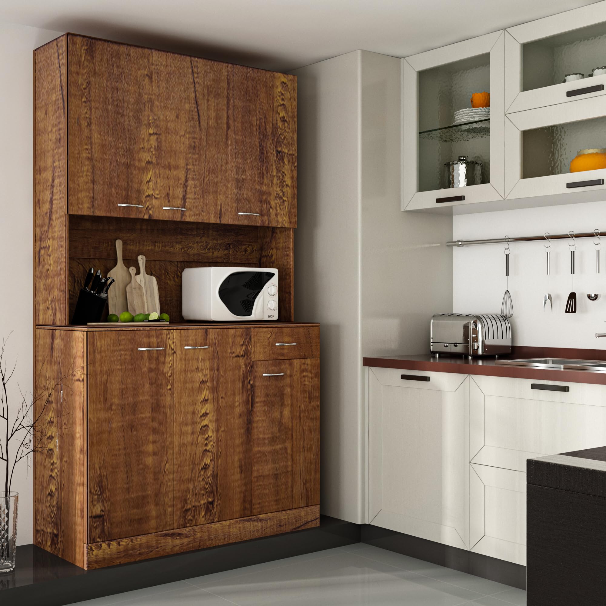 WERSMT Freestanding Kitchen Pantry Cabinet with Storage - Microwave Hutch, Buffet Cabinet, Tall Storage Unit with Door & Drawer in Walnut Finish | Perfect for Small Kitchens, Dining Rooms & Home Organization