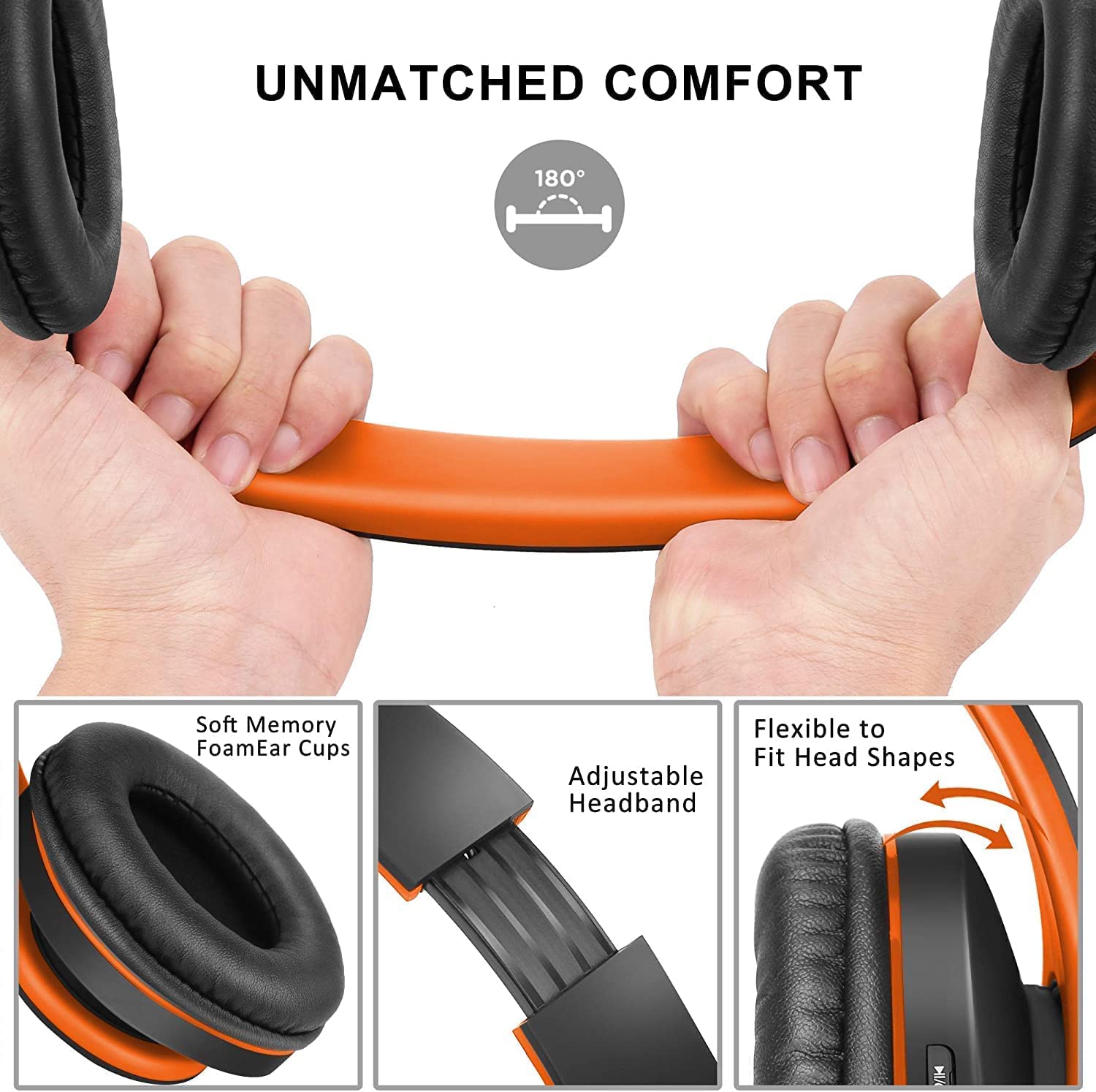 ZIHNIC Bluetooth Over-Ear Headphones Wireless & Wired Foldable Stereo Headset with Micro SD/TF, FM - Lightweight Comfortable Earmuffs for Phone, PC, Gaming, Travel & Work (Orange)