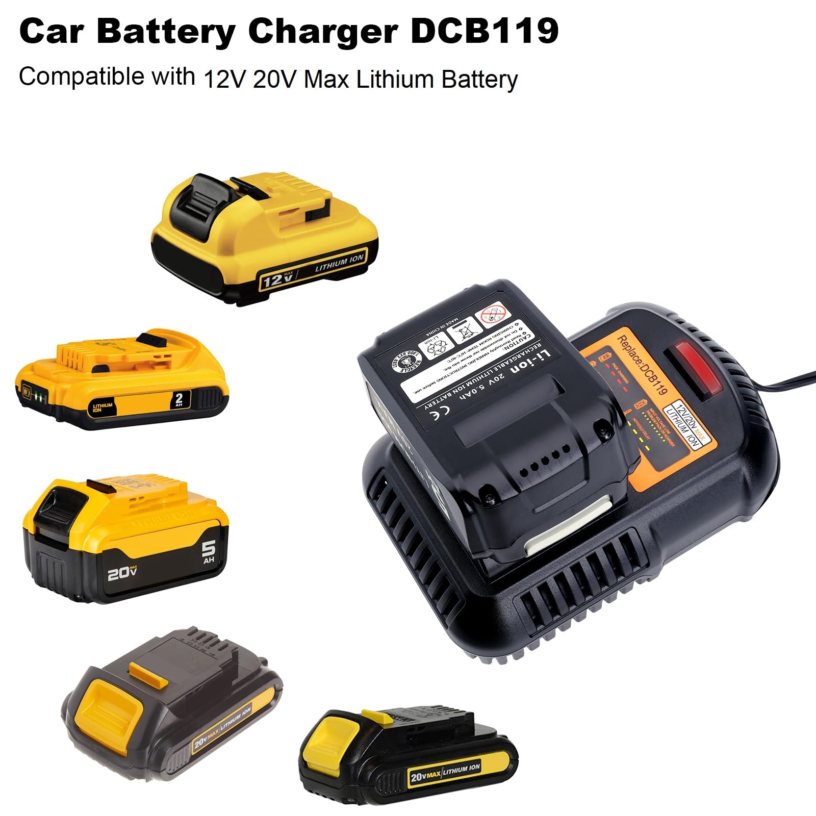 DCB119 12V/20V/60V MAX Lithium Ion Battery Charger - Compatible with DCB203, DCB201, DCB204, DCB206, DCB606, DCB609 & DCB120 - Fast Charging for Power Tools, Electric Vehicles & Outdoor Equipment - Perfect for DIY Projects, Car Maintenance & Camping Power Supply