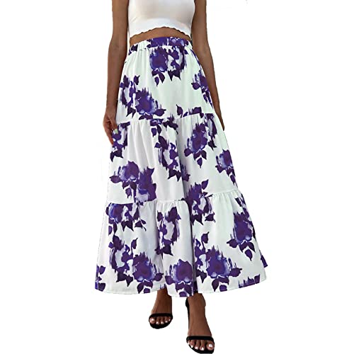 Women's High Waist Boho Floral Print Pleated Maxi Skirt - Summer A-Line Swing Skirt with Flowey Design in Purple | Perfect for Beach Vacations, Music Festivals & Casual Outings