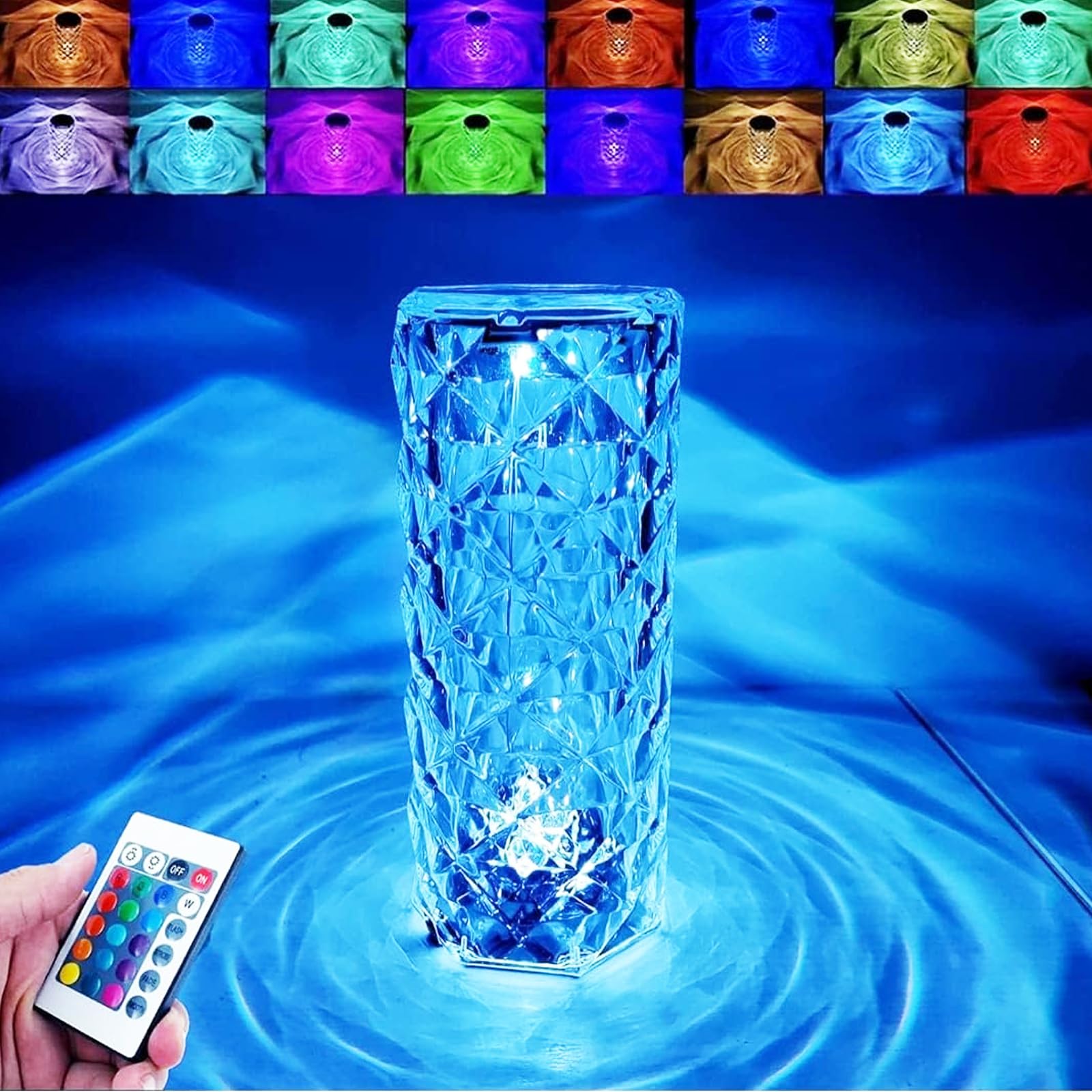 Neioaas Crystal Diamond Table Lamp - 16 Color Touch Control LED Night Light, Rechargeable Acrylic Bedside Lamp for Bedroom, Living Room, Office | Romantic Ambiance, Gift Idea, Home Decor Lighting