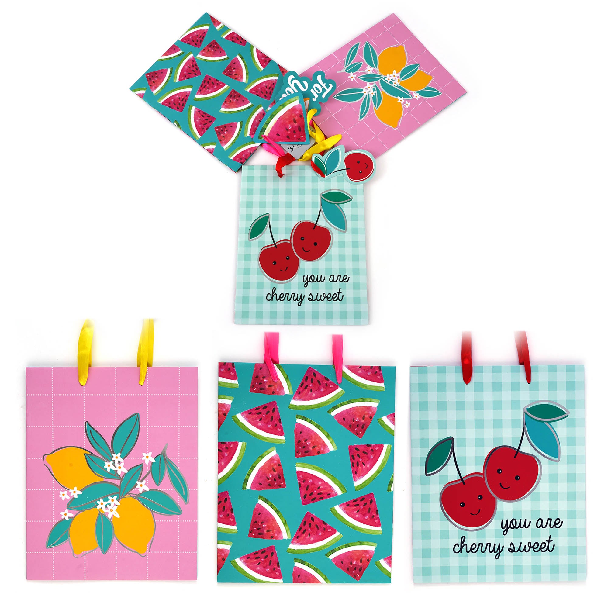 3-Pack Large Lemon, Cherry & Melon Hot Stamp Glitter Gift Bags - 3 Unique Designs for Birthday Parties, Baby Showers & Wedding Favors