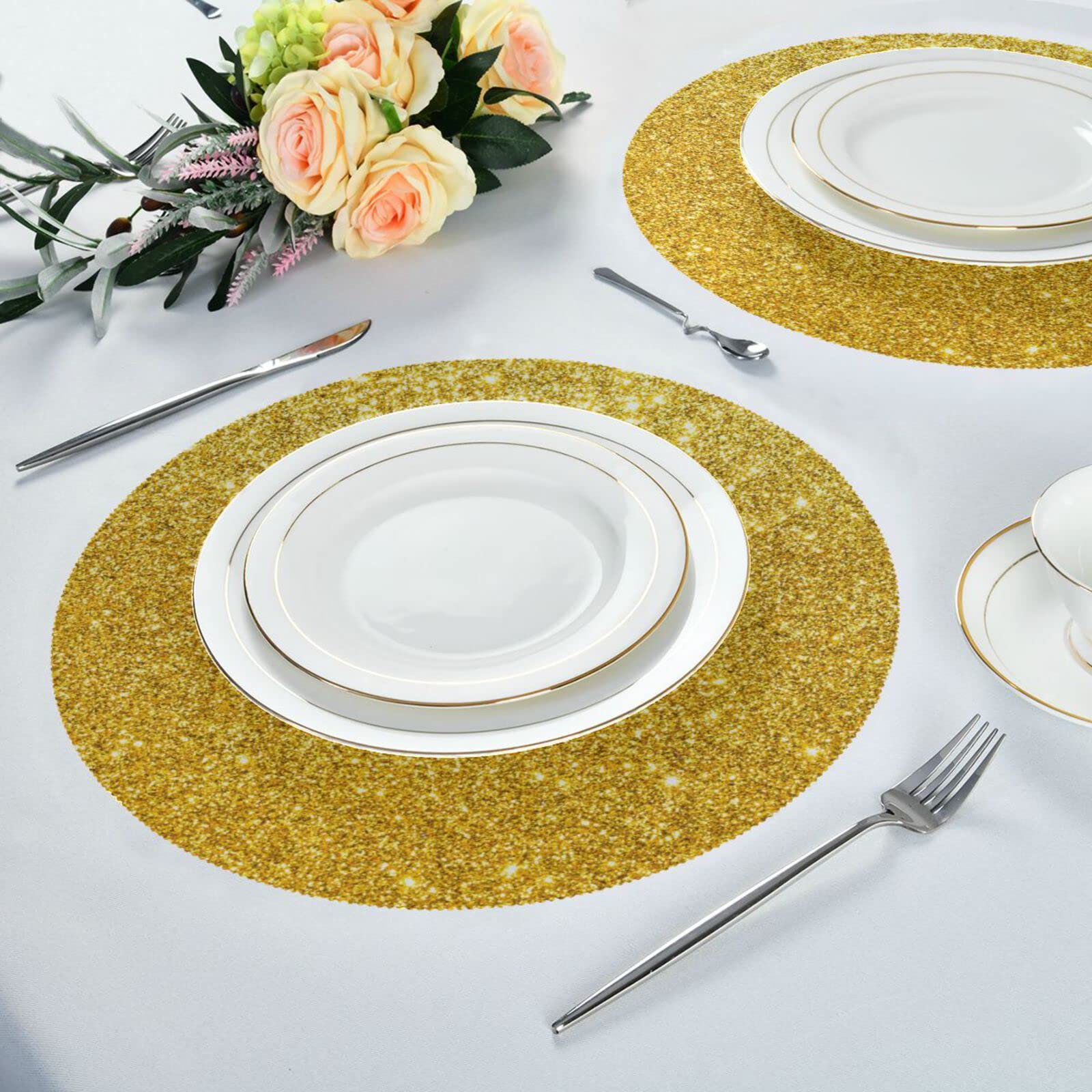 6-Pack Gold Glitter Sparkle Placemats Set - 15.4 Inch Round Sequined Table Mats for Kitchen, Kids, Christmas, Wedding Party Decor - Waterproof & Easy to Clean for Daily Use & Special Occasions