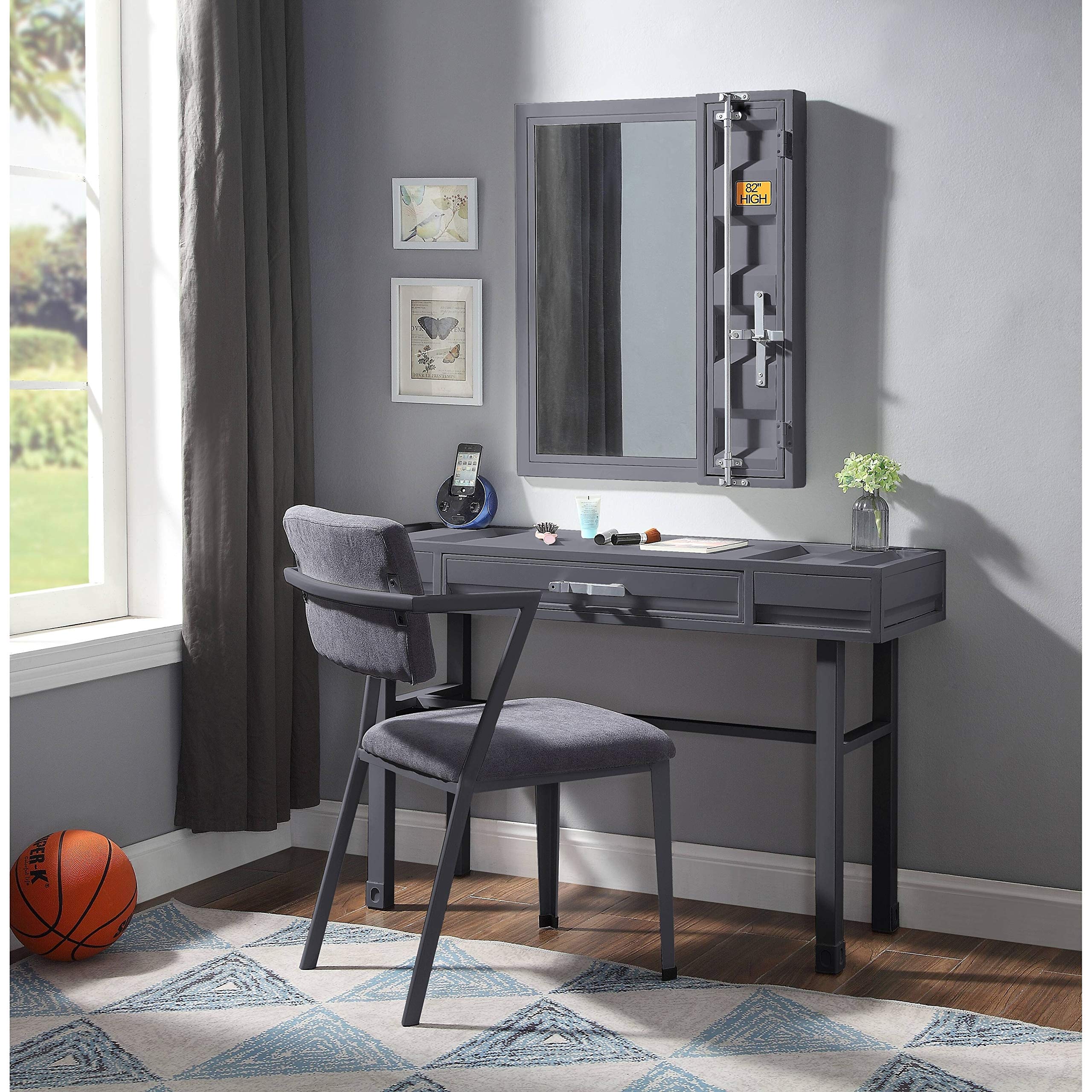 Industrial Gunmetal Cargo Vanity Desk with Storage - Perfect for Home Office, Bedroom, or Dorm Room Organization