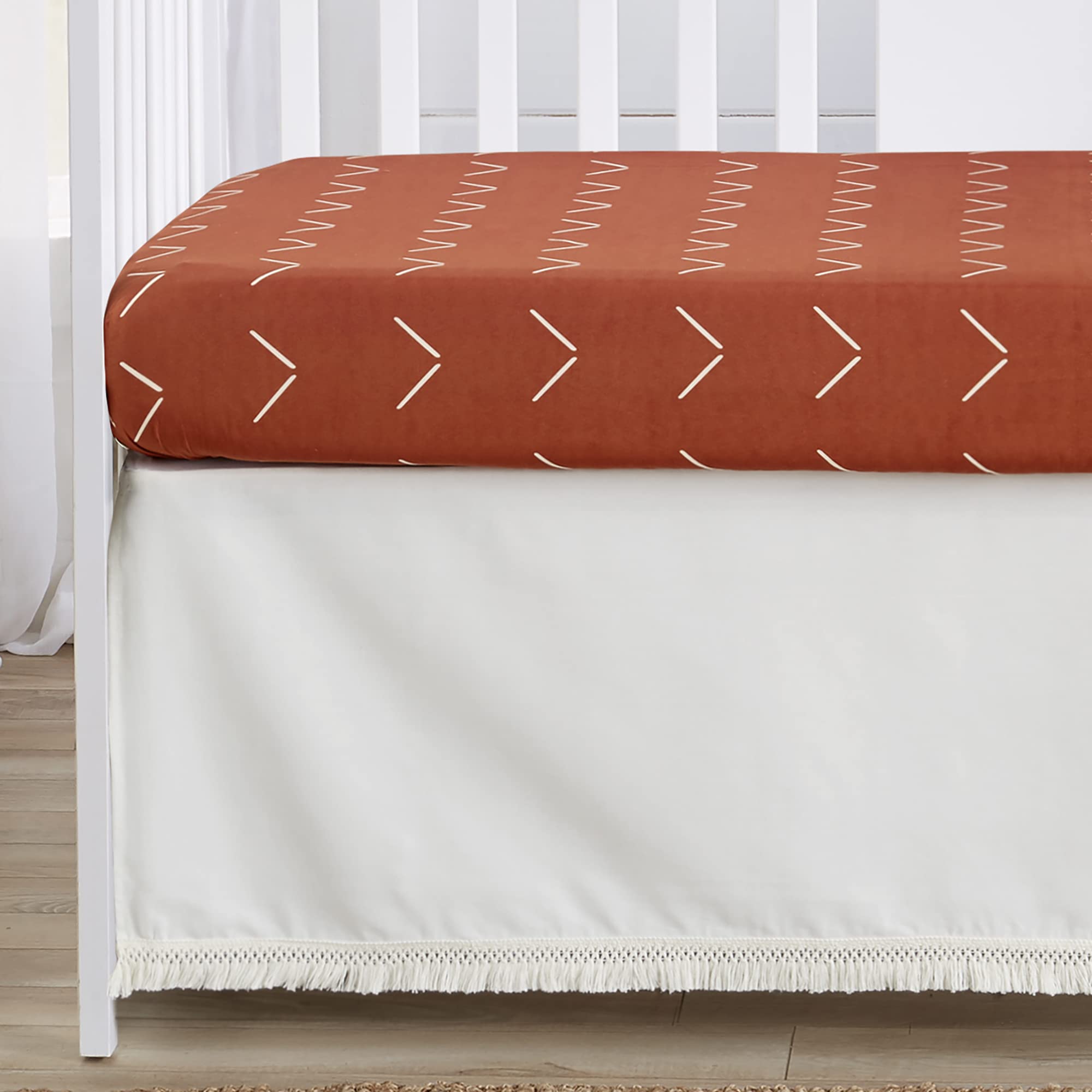 Sweet Jojo Designs 4-Piece Baby Crib Bedding Set - Boho Chic Gender Neutral Nursery Set with Blanket, Fitted Sheet, Crib Skirt & Diaper Stacker | Modern Farmhouse Style in Off White & Orange | Perfect for Boys & Girls Nursery Decor, Baby Shower Gift & Cozy Sleep Time