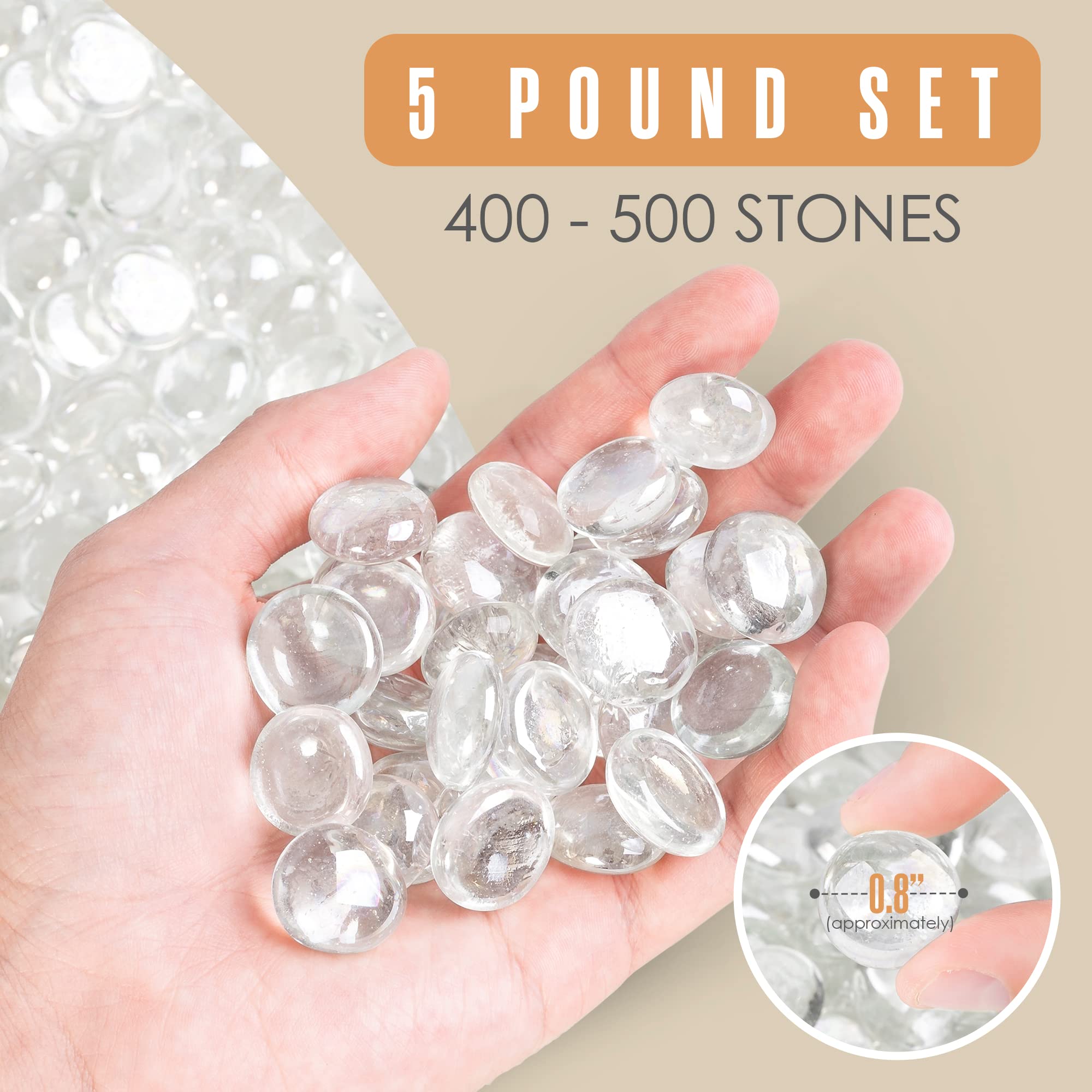 Premium Clear Glass Beads for Vases - 5 LBS (400-500 Count) - Decorative Vase Filler, Flat Marble Gems & Pebbles for Floral Arrangements, Fishbowls, Crafts, Home Decor & Wedding Centerpieces