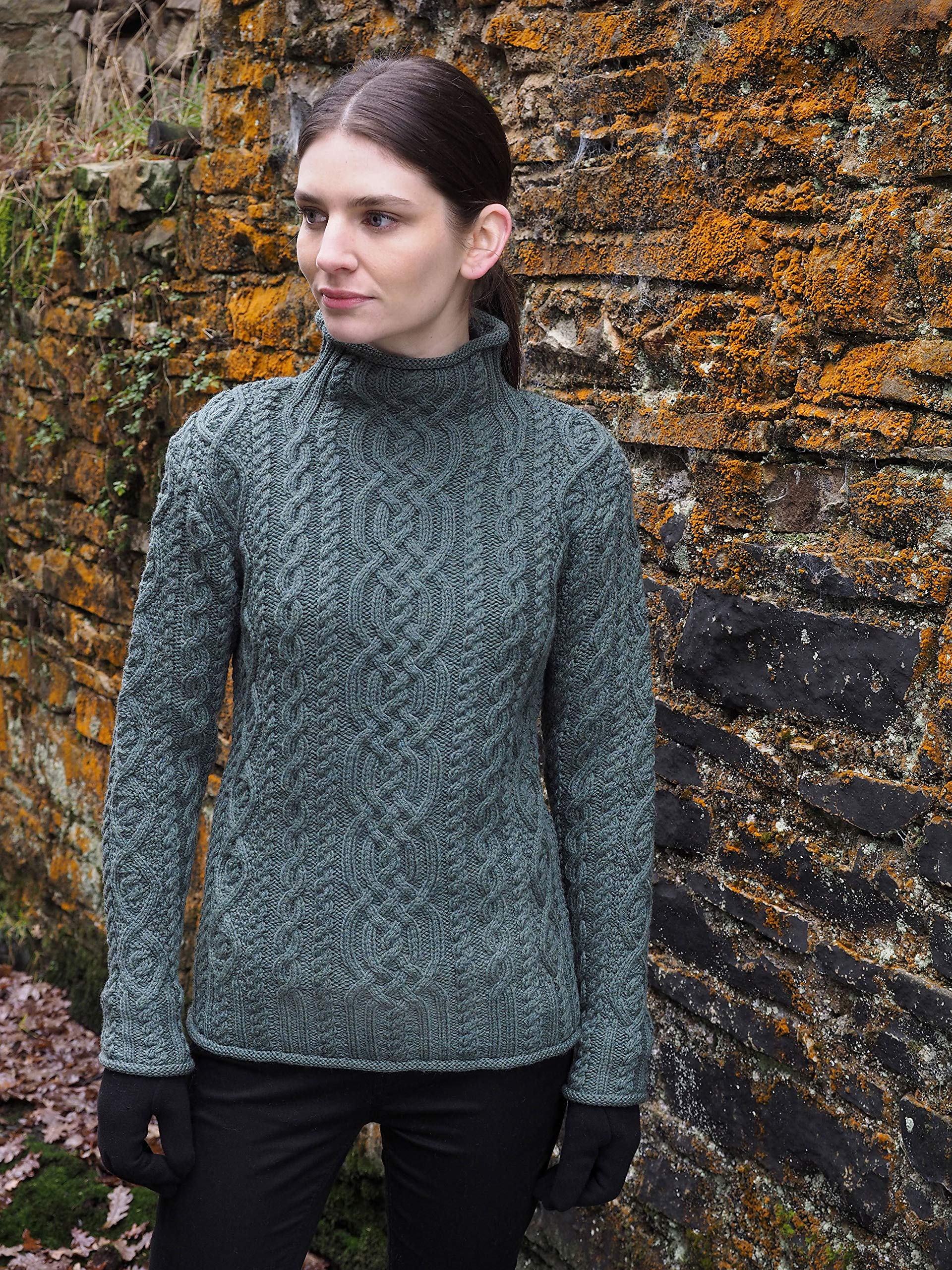 Aran Crafts Women's Cable Knit Funnel Neck Sweater - 100% Super Soft Merino Wool Winter Pullover for Cozy Comfort | Perfect for Casual Outfits, Office Wear & Holiday Gatherings