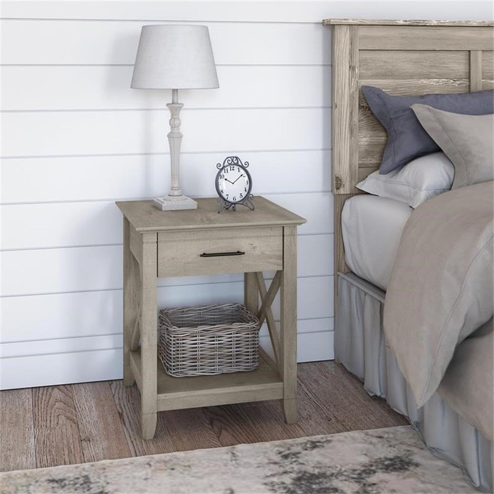 BOWERY HILL Nightstand with Drawer - Washed Gray Engineered Wood Bedside Table for Bedroom, Living Room & Office Storage