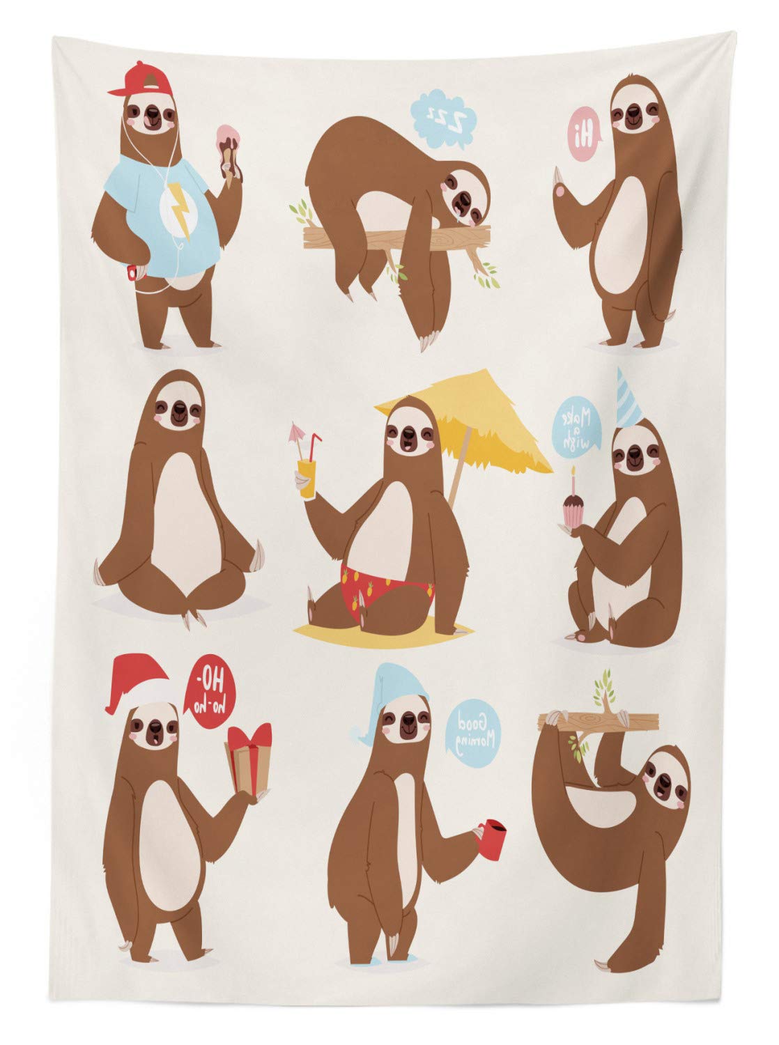 Ambesonne Sloth Print Outdoor Tablecloth - Funny Lazy Animal Design, Washable Picnic Table Cover 58x120 Inches, Brown Pink Blue - Perfect for Backyard BBQs, Picnics, and Outdoor Parties