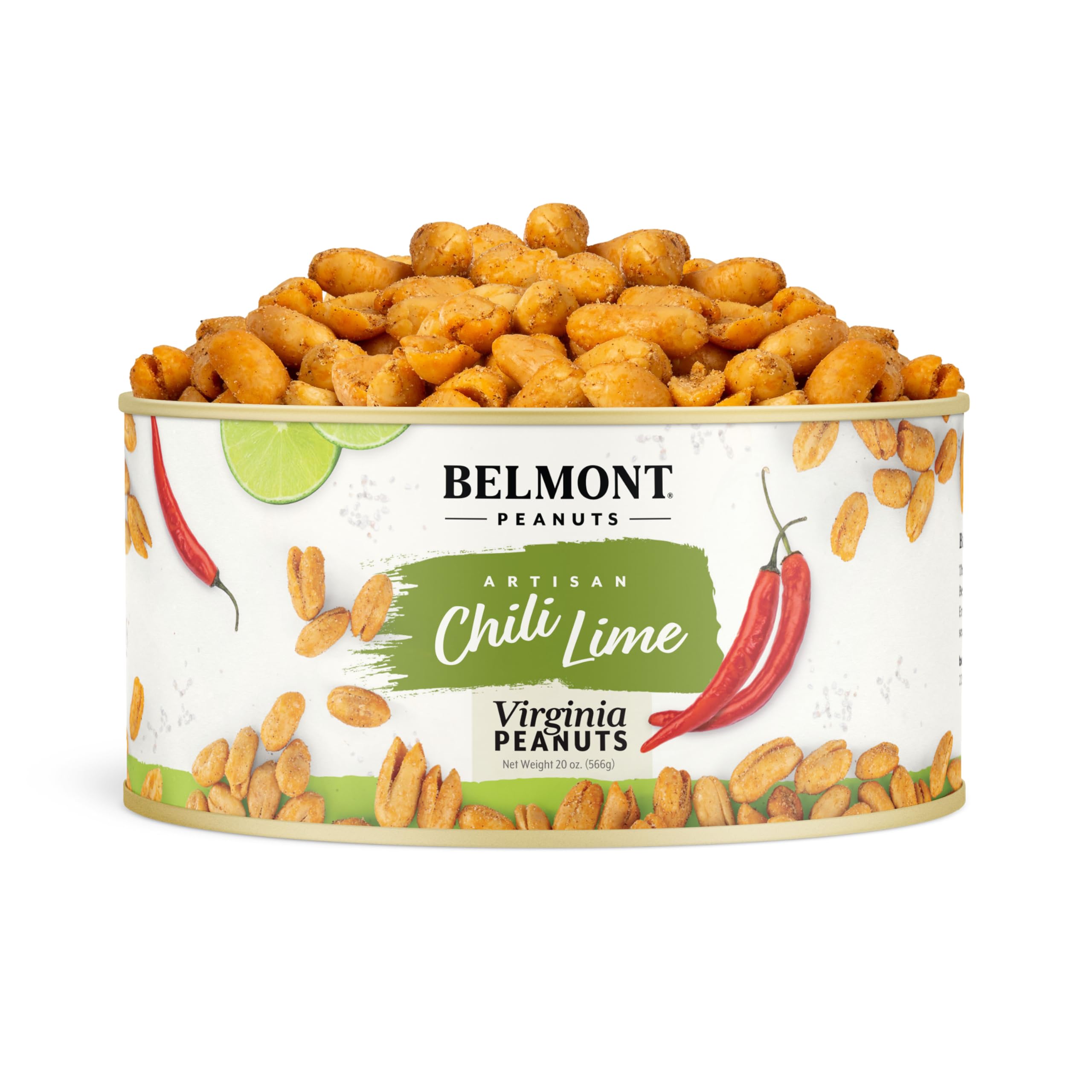 Belmont Peanuts Gourmet Chili Lime Virginia Peanuts, 20 oz (1 Pack) – All Natural, No Preservatives, High Protein (7g per Serving) – Spicy Citrus Snack for Parties, Office, Hiking & Game Night